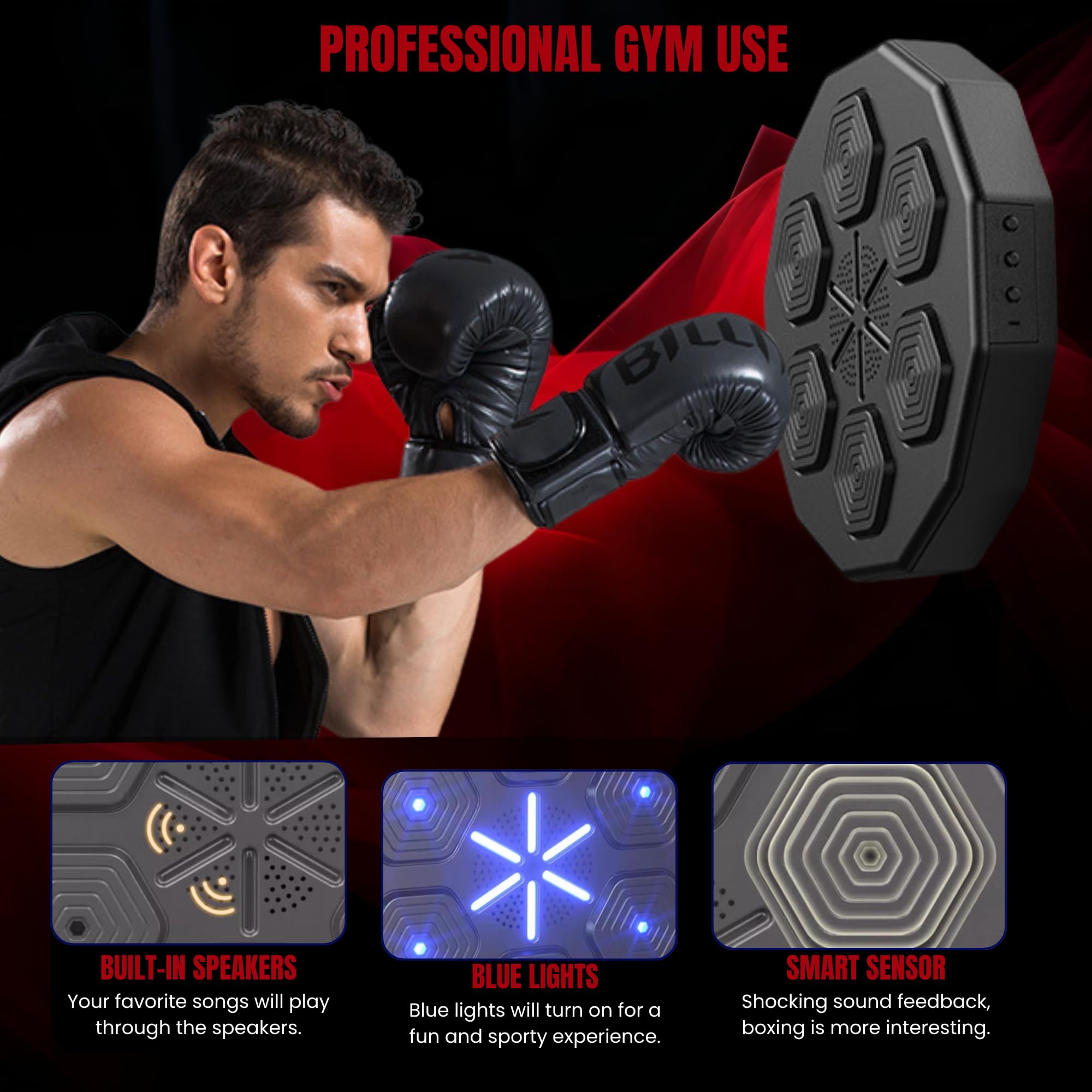 Macchina da Boxe Musicale. Attrezzatura da Allenamento da Parete con LED, Guantoni da Boxe, Bluetooth e Luci a Ritmo di Musica per Bambini/Adulti.
