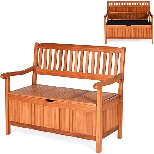 Tangkula Wooden Outdoor Storage Bench Large Deck Box, Entryway Storage Bench w/Inner Removable Dustproof Lining and Portable Handles for Patio Garden Balcony Yard (Natural)