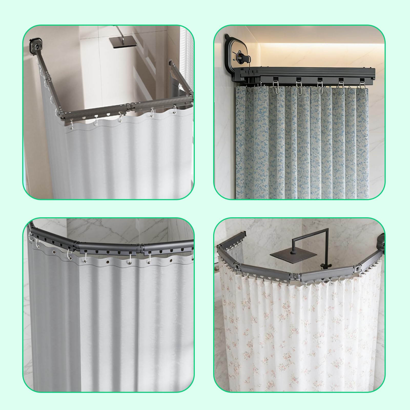Rideau de Douche sans Perçage avec Ventouse, Forme L/U, 4 Plis, 1.8 x 2m | Tringle à Rideau de Douche Pliable, Résistante à La Moisissure, Imperméable, Lavable, avec Anneaux pour Douches D'Angle