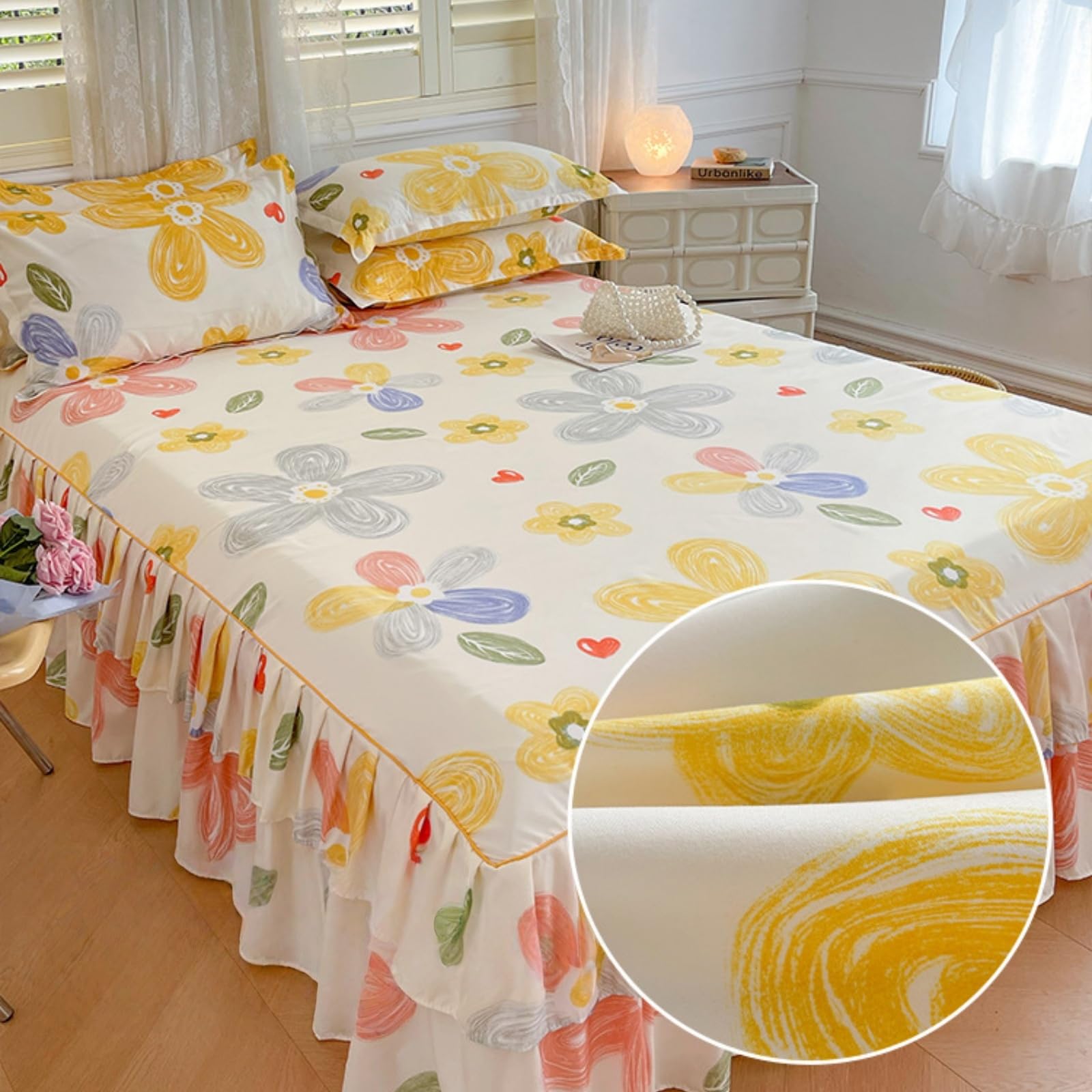 Morbuy Gonne da Letto Elasticizzato per Singolo Matrimoniale, Copri Bordo Letto con Balza Copriletto con Federe e Volant Mantovana Giroletto 3 Lati per 45 cm di Altezza (X03 Red Rose,180x200cm)