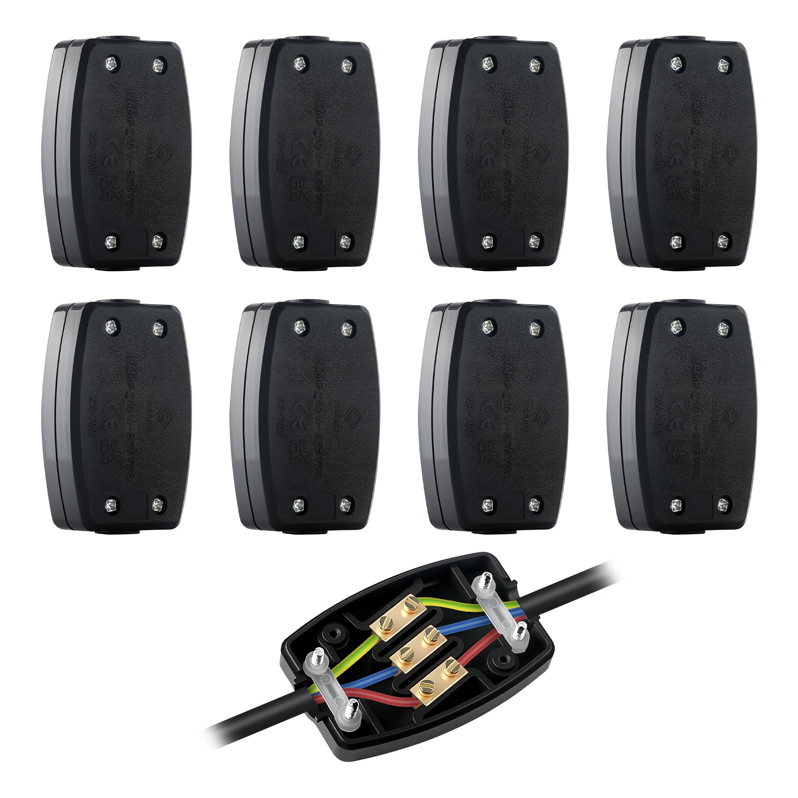 3 Terminal Electrical Cable Junction Box 13Amp 250v Flex Connector 3 Core Black Cable Connectors For Indoor Lighting, Electrical Power, Wiring – Pack of 8