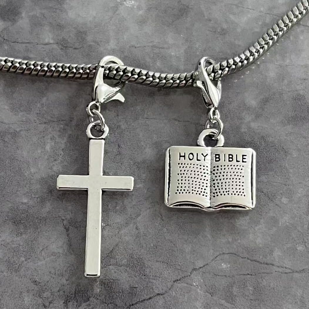 AMOBESTER Mini Holy Bible Book Clip on Charm Cross Clip on Charm for Bracelet and Necklace DIY Jewery Making