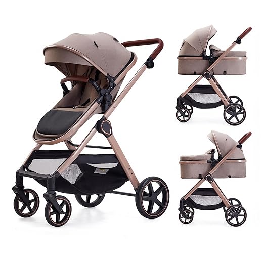2 in 1 Baby Stroller, Newborn Infant Toddler Convertible Pram Stroller for 0-36 Months Old Babies (Beige)