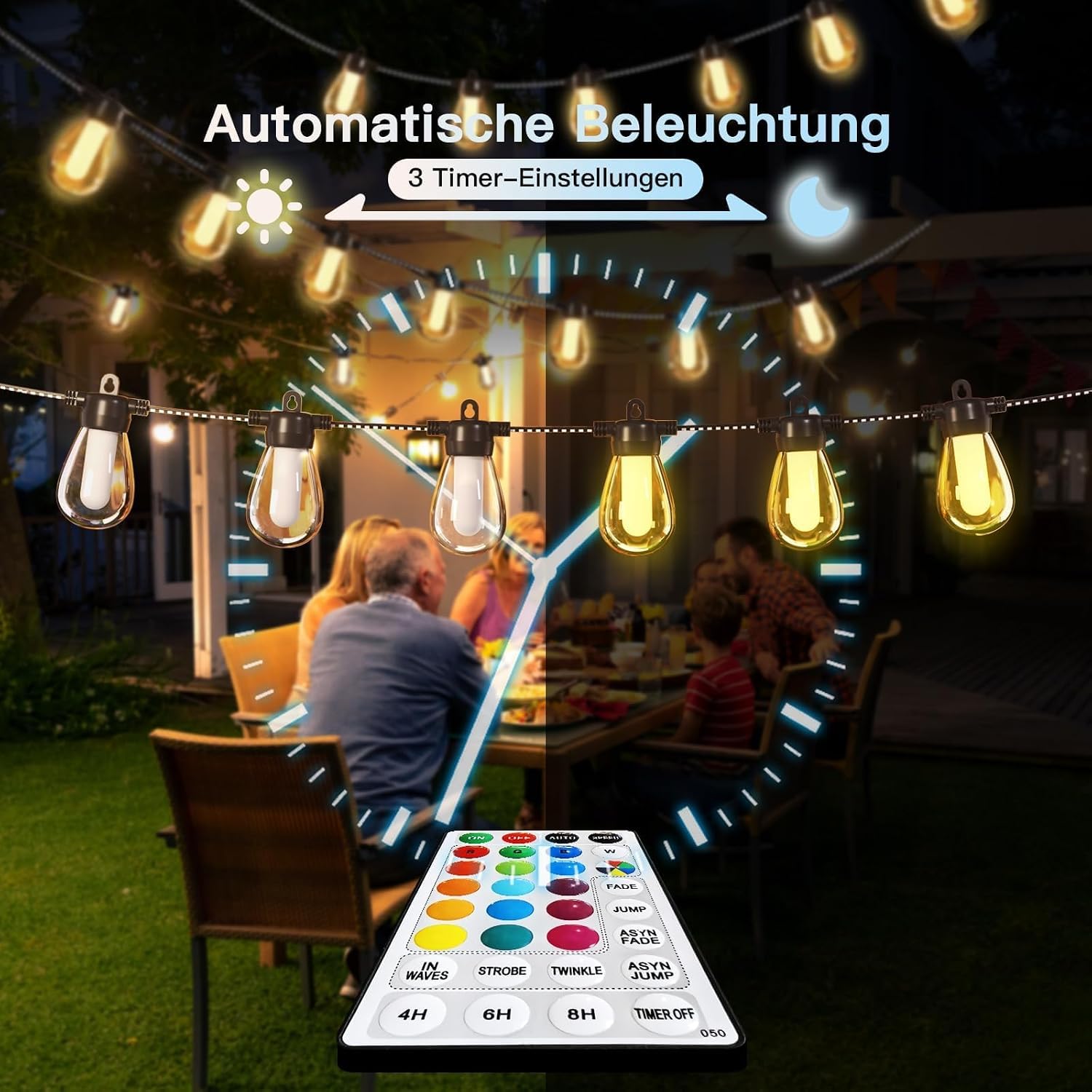 Ciskotu Cadena de luces para exteriores, multicolor, para exteriores, 15 m, G40, iluminación LED, para balcón, exterior, IP65, cadena de luces con mando a distancia
