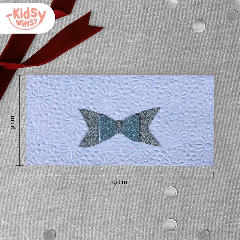Kidsy Winsy Pack of 8 (3.5 x 7.5 Inches) Blue Embossed With 3D Bow Tie|3 Fold Shagun Envelopes for Gifting Money | Wedding, Birthday, Sagan Cash Gift Envelopes | Designer Money Envelope for Cash Gifts 1