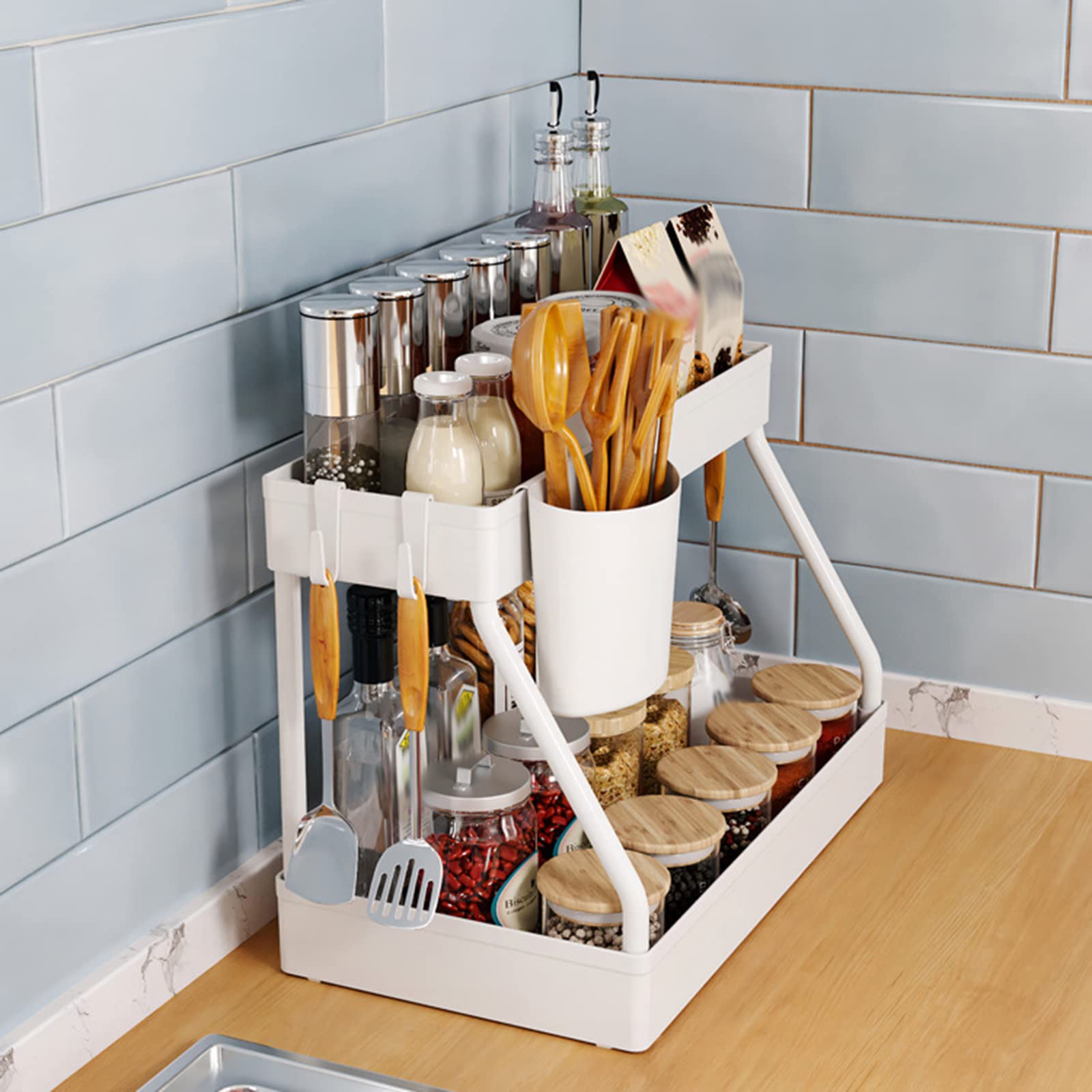 Organizzatore Sottolavello in Ferro Verniciato a 2 Livelli a Forma di L con Ripiano Estraibile per Bagno e Cucina
