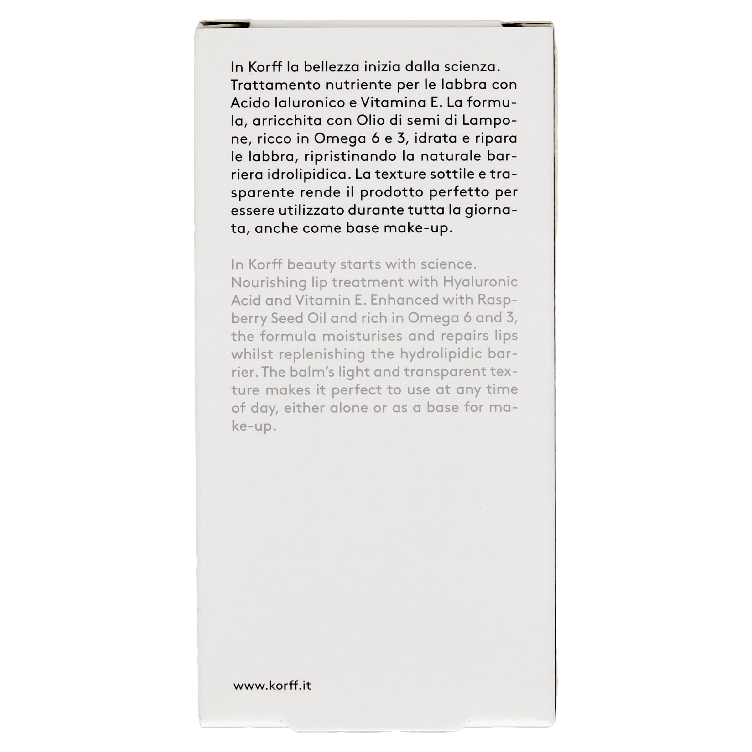 Korff Balsamo Labbra Idratante e Riparatore, Idrata le Labbra con Acido Ialuronico e Vitamina E, Texture Sottile e Trasparente, Confezione da 4ml