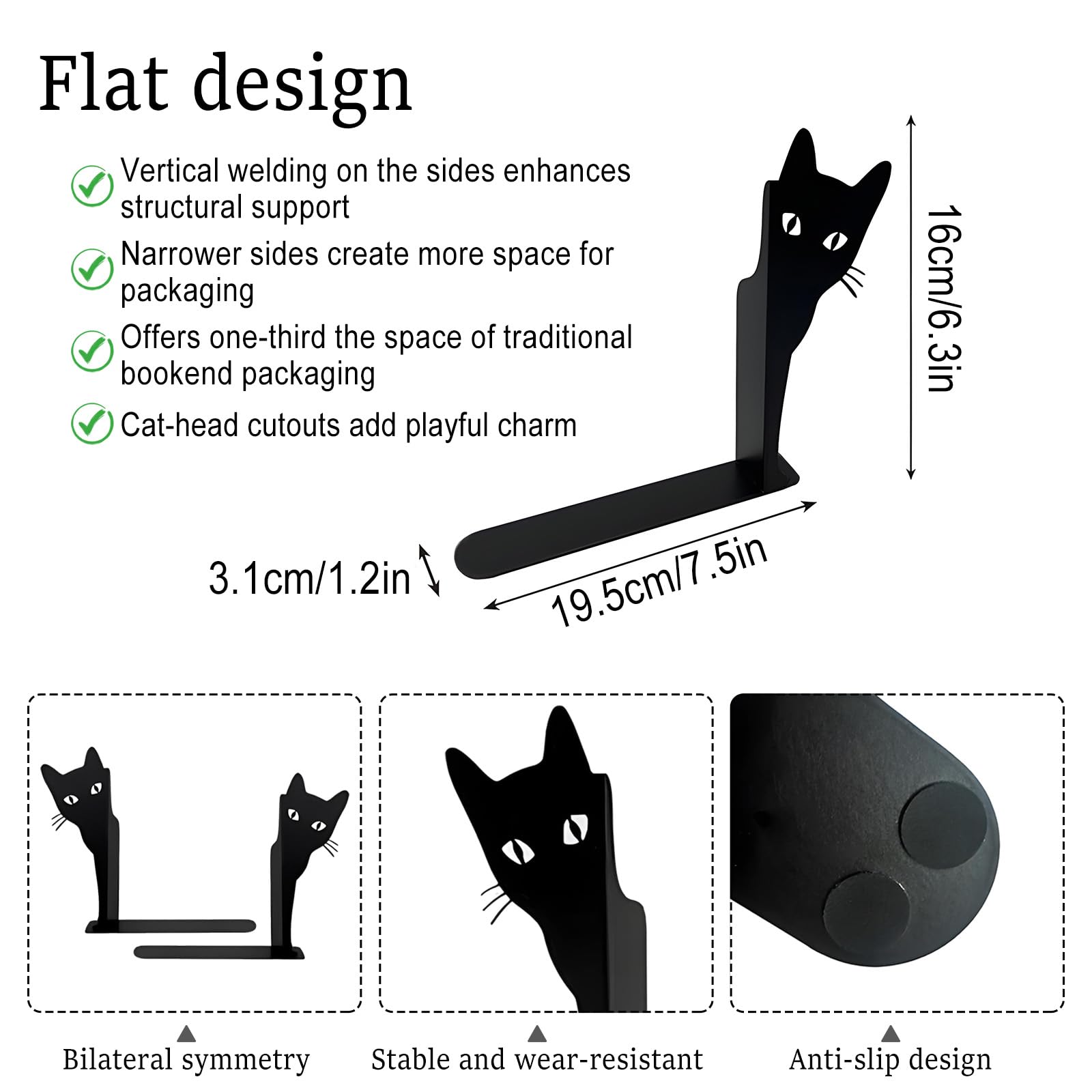 Jicyor Metal Bookends, Set of 2 Black Cats Bookends for Office and Home - Image 2