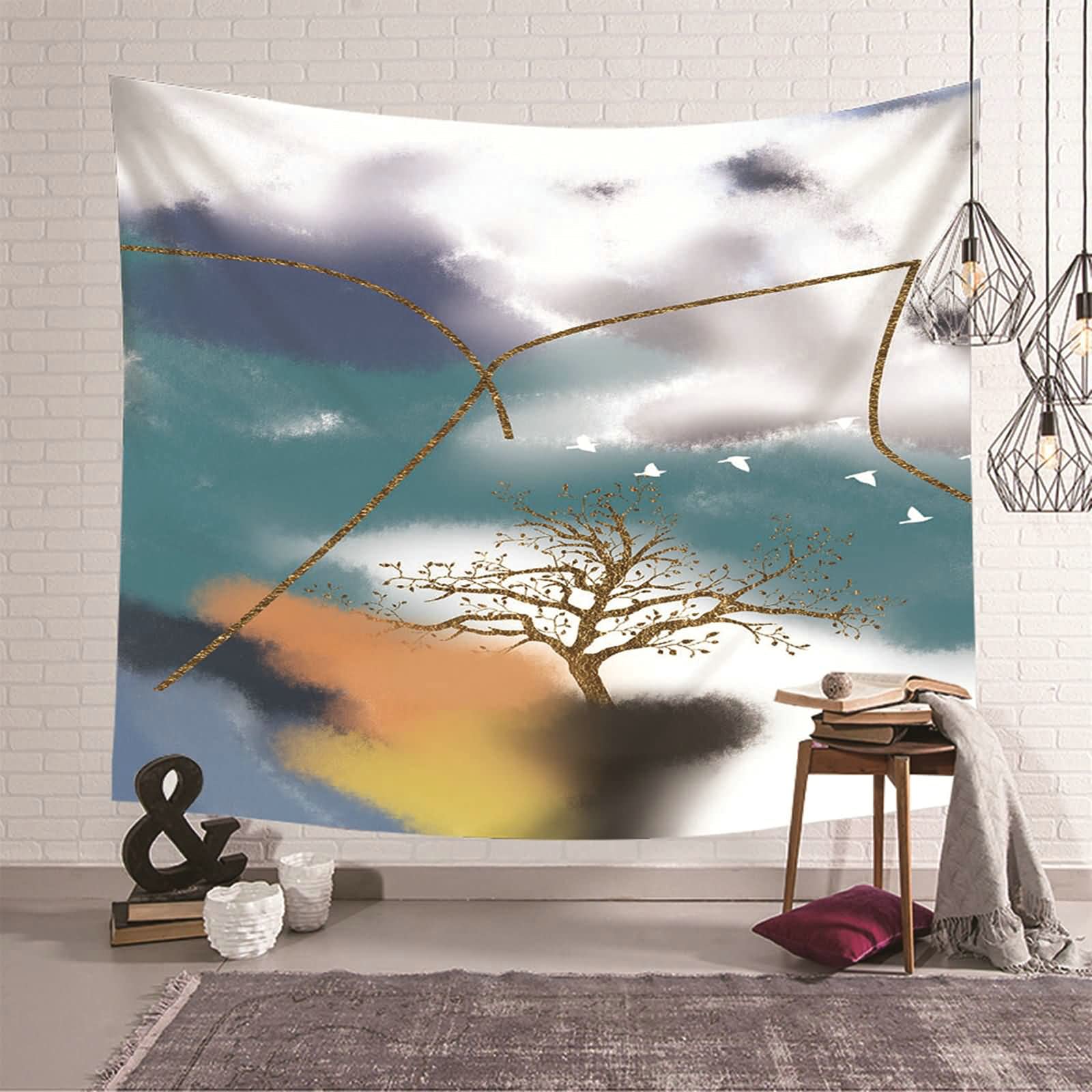 Tapiz de pared azul y naranja decorativo de 150 x 130 cm con diseño de árboles y gansos