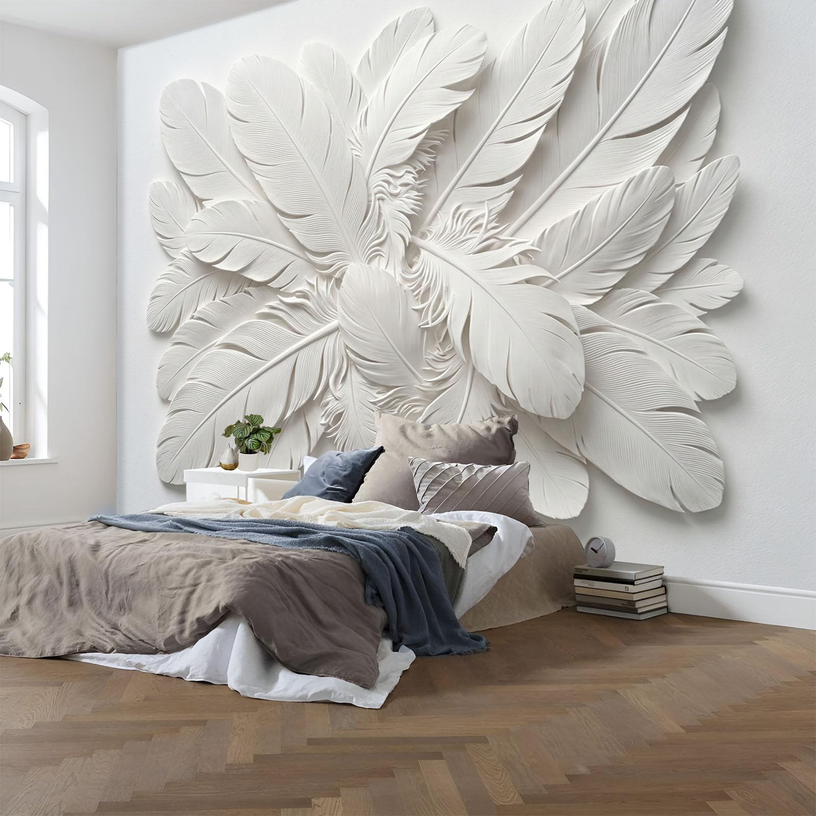 Fototapete Vlies Tapete 3D Effekt Fototapeten Minimalistisches 3D-Federrelief Vliestapete Einfarbige Federn Tapeten Creme Moderne Wandtapete, Wohnzimmer, Tv Hintergrund Deko, 250X175Cm (B×H)
