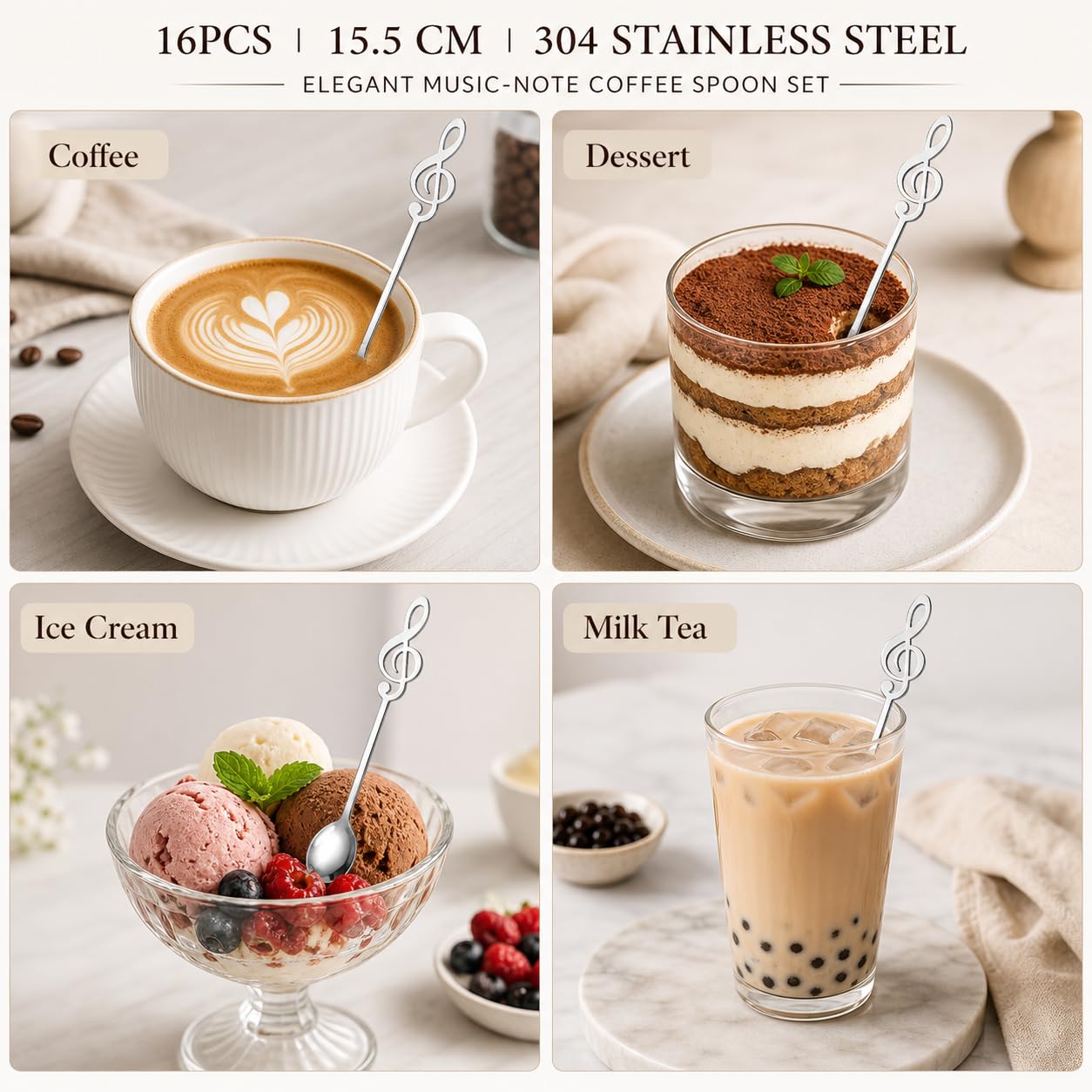 MIVIDE 16 Pezzi Cucchiaini da Caffè Note Musicali, Cucchiai da Dessert in Acciaio Inox, Cucchiaini Decorazione per Musicisti, Caffè, Tè, Dessert (Argento)