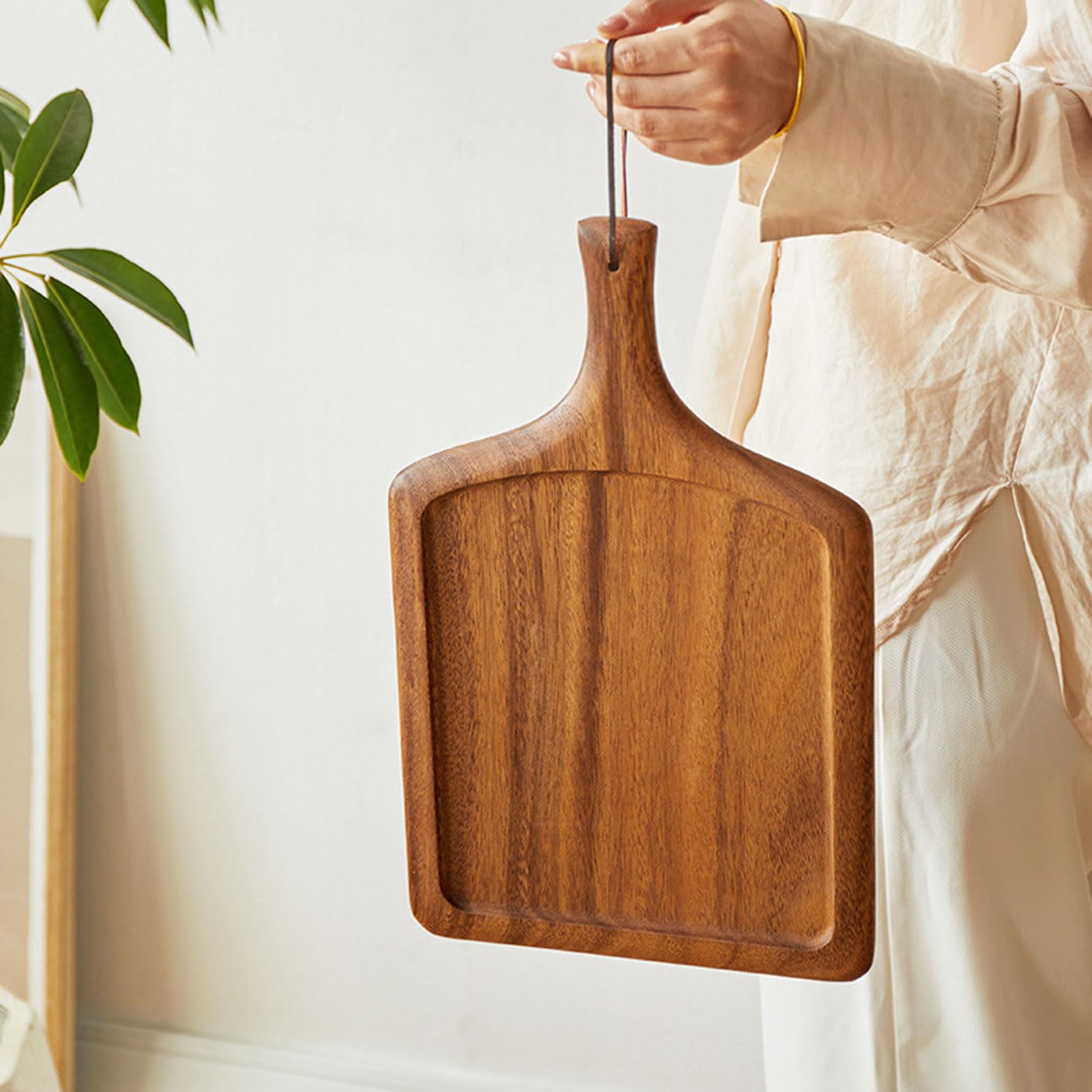 HUHJYUGE Bandeja Madera Decorativa, Bandejas para Servir Comida, Bandeja Redonda de Madera con Asas y Borde Elevado, Vajilla para Pizza, Filete y Queso (Ebony Steak Plate/40x25x2cm)