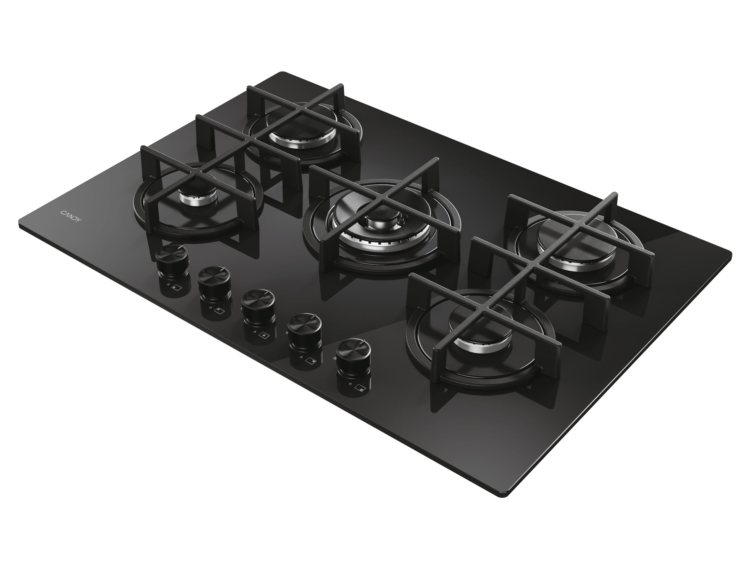 Candy Moderna Gas On Glass Piano Cottura a Gas 5 Fuochi, Vetro Temperato, Bruciatore a Doppia Corona, Griglie Lavabili in Lavastoviglie, AxLxP 0,8x74,5x51 cm, Nero - CVG74WTB