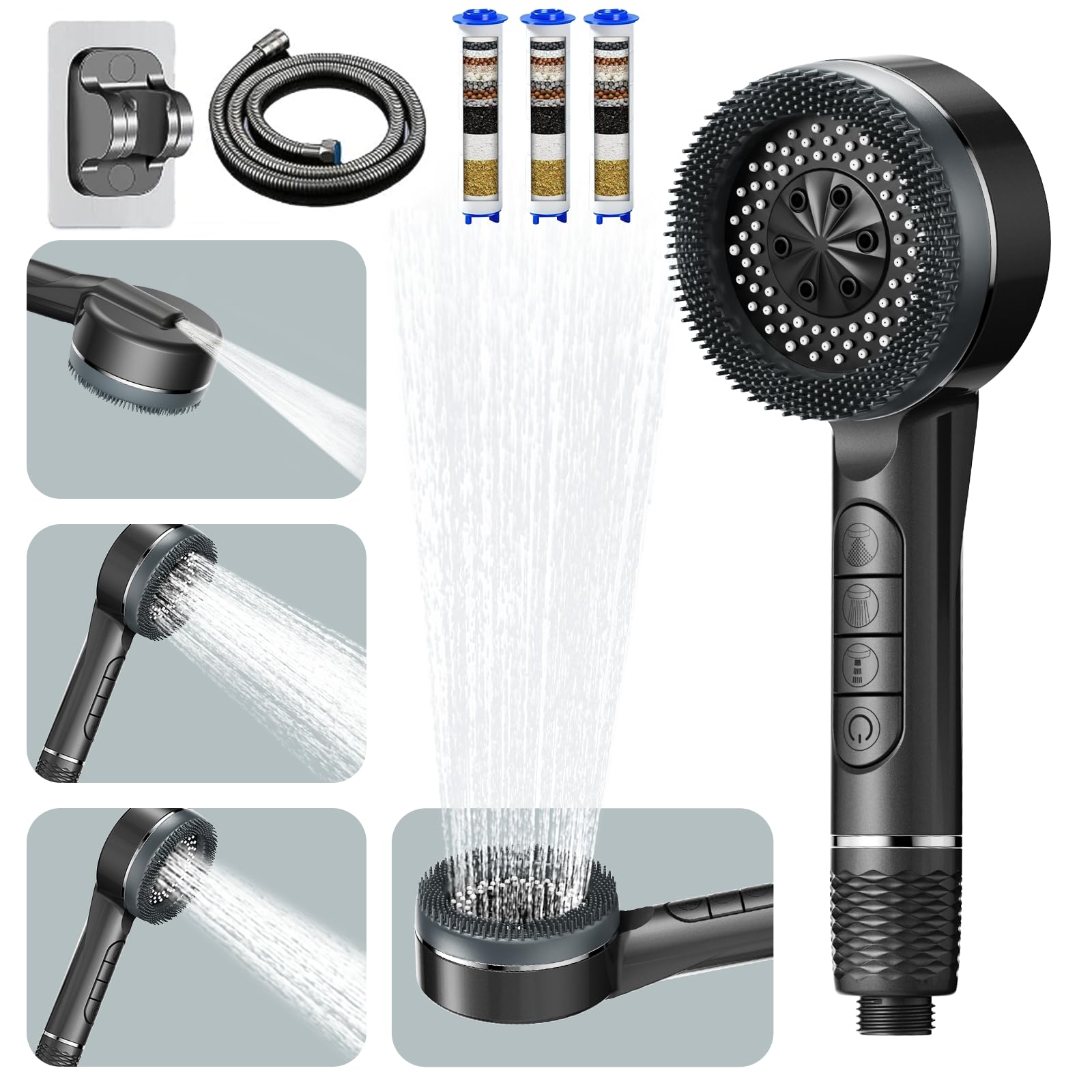 High Pressure Shower Head with 4 Spray Modes,Hard Water Filter Shower Heads with 1.5M Hose,Stand,Filter*3,Handheld Massage Shower Head with Pause Switch,Shower Filter for Chlorine Remove,Grey — image 1