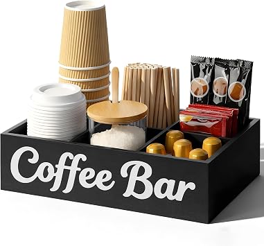 Coffee Station Organizer, 6 Compartment Wood Countertop Coffee Accessories Organizer with Removable Dividers for Condiment Cups Lids Pods Syrups, Farmhouse Bar Decor