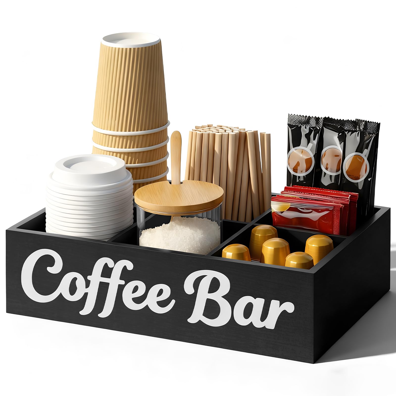 Wood Coffee Station Organizer for Countertop with Removable Dividers