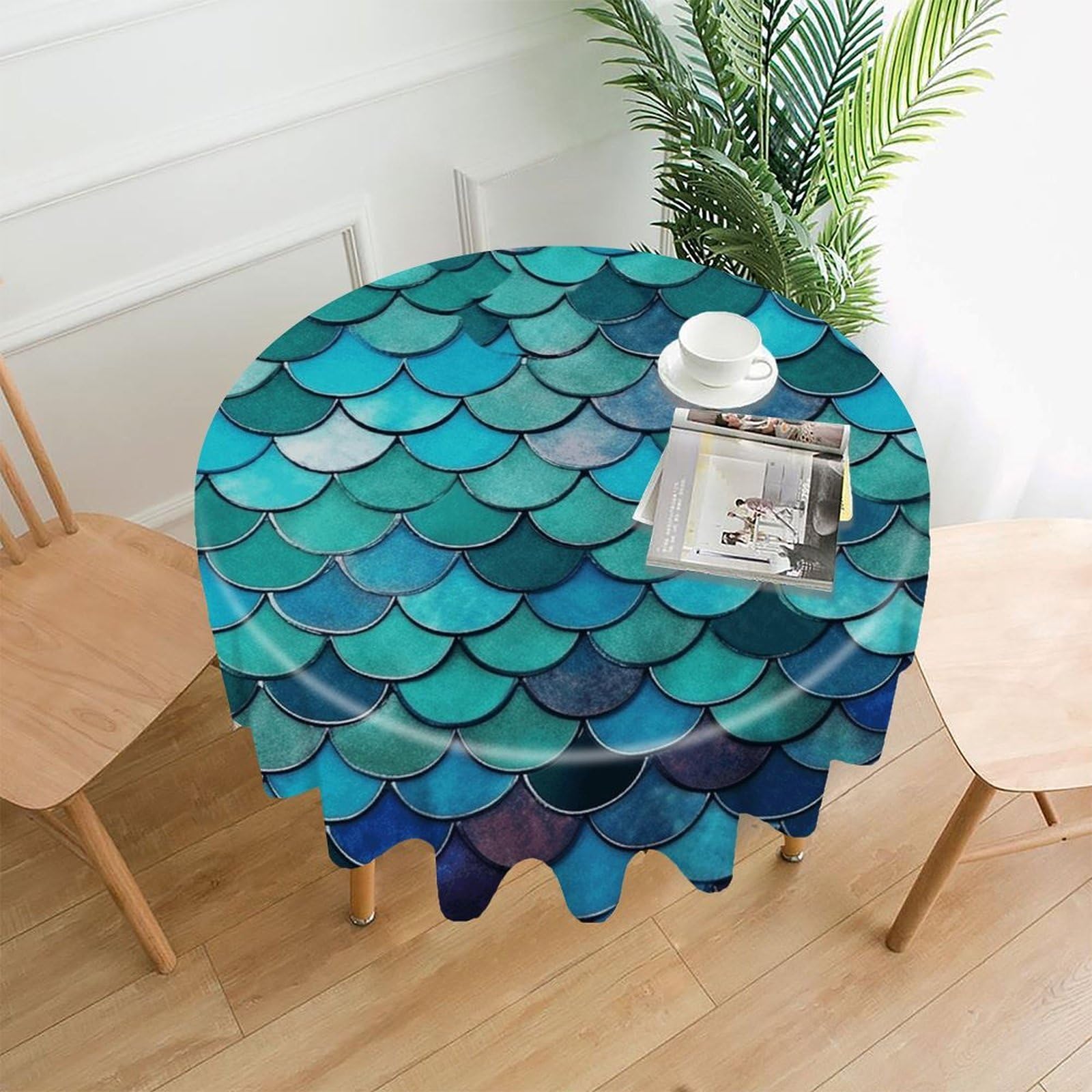 VstaDank Mermaid Tablecloth Easy to Clean Polyester Round Table Cover Washable Round Table Cloth Wrinkle-Free Circle Decoration Tablecloth for Kitchen Dining Room 60"