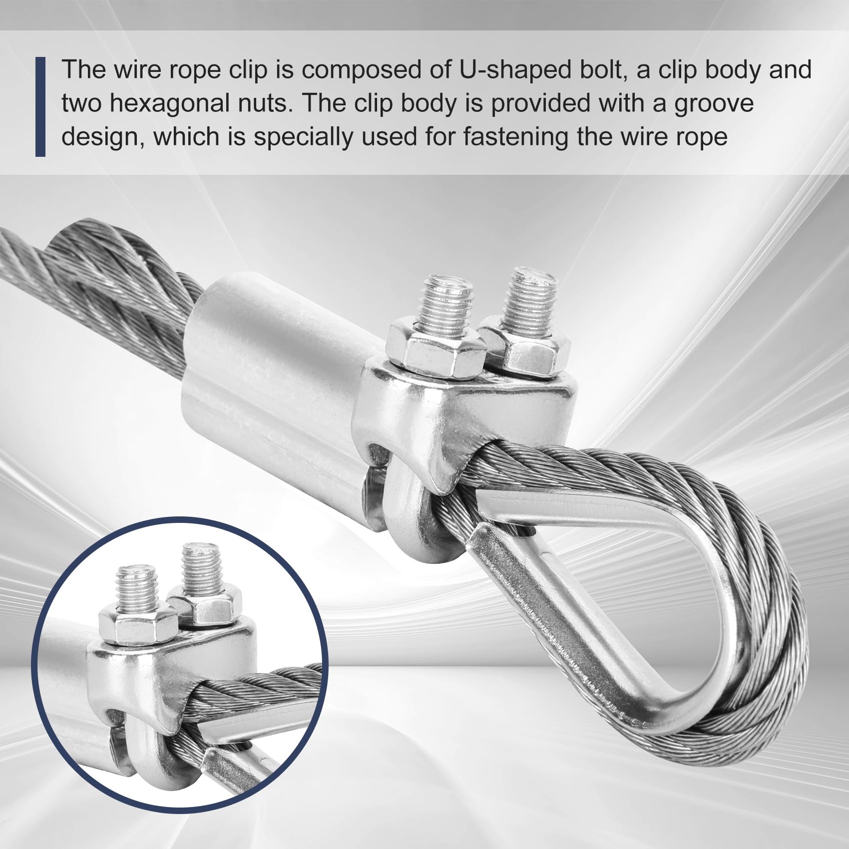 Cavo in acciaio inossidabile spesso 1/4, cavo metallico da 22,9 m, cavo aereo 7x19 fili, resistenza alla rottura 2.903 kg, linea zip con morsetto a clip per fune metallica M8 e ditali per cavi