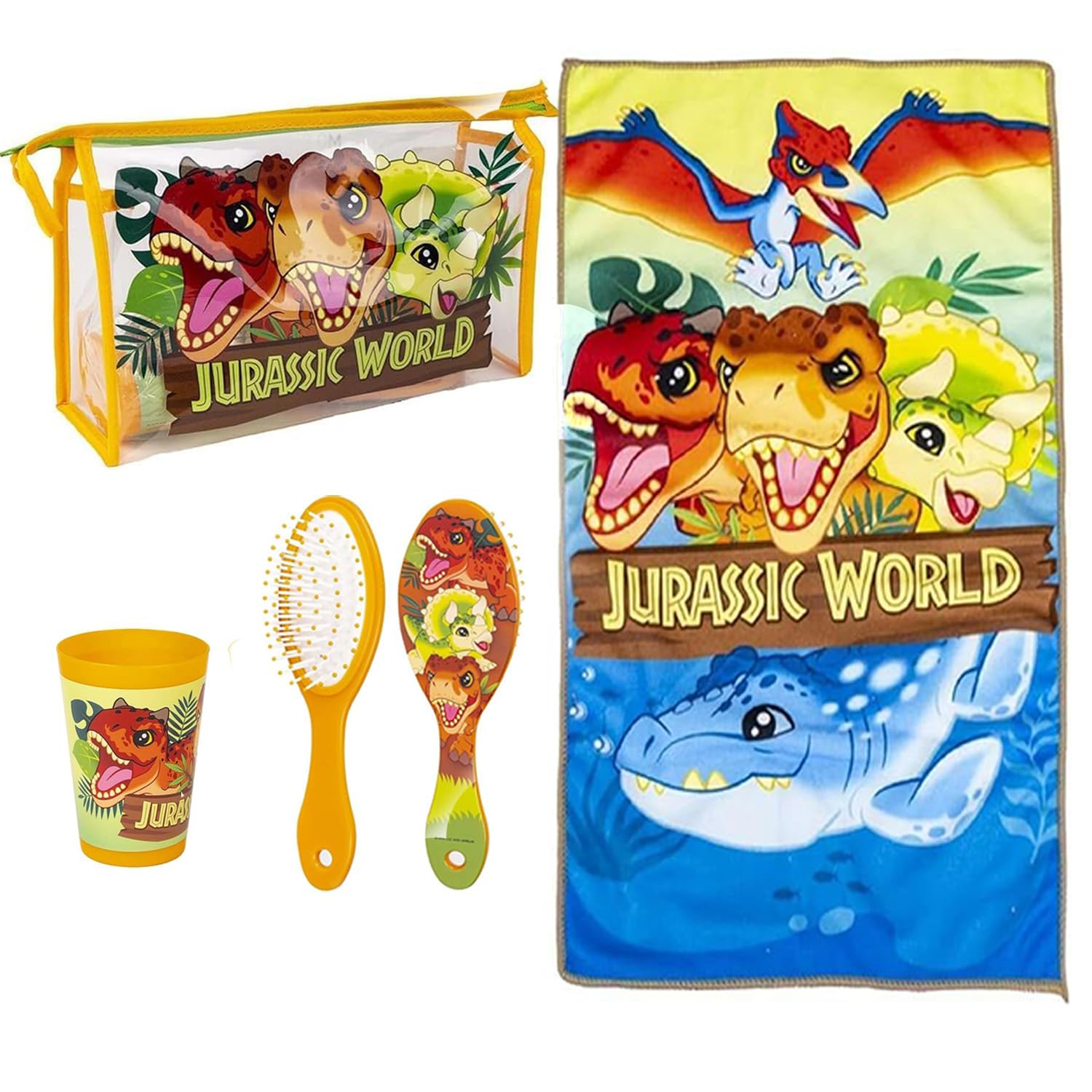 La Trousse de Toilette de Voyage Jurassic Park Comprend Une Brosse à Cheveux, Une Serviette en Microfibre et Un gobelet Multifonction pour Enfants, Multicolore - Jurassic Park, Standard, Moderne