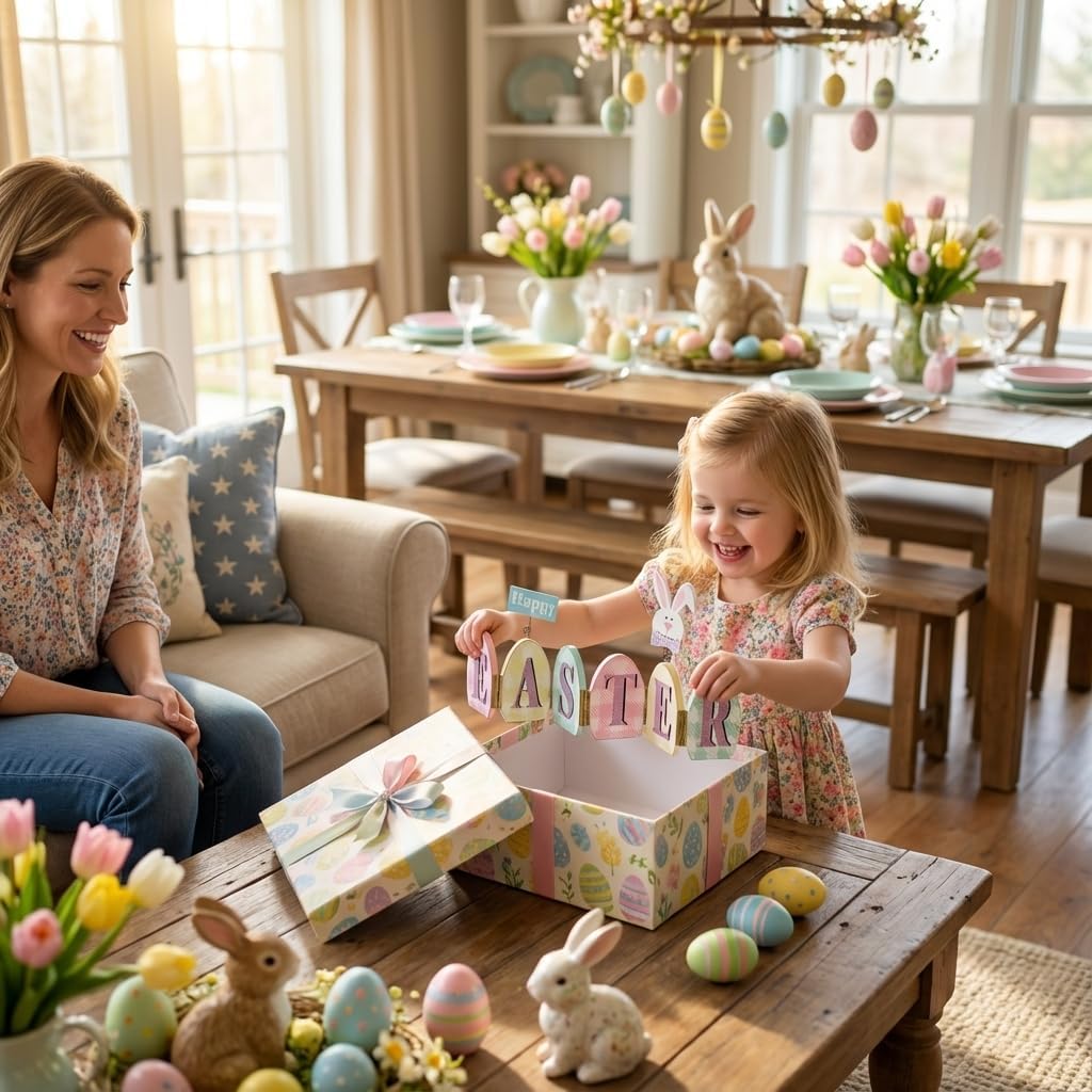 Valery Madelyn Easter Decorations, Foldable Happy Easter Signs with Bunny Decorations, Bunny Table Decor in Pastel Colors for The Home Office Shelf Tiered Tray Mantel Living Room Bedroom, 16 inch - Image 8