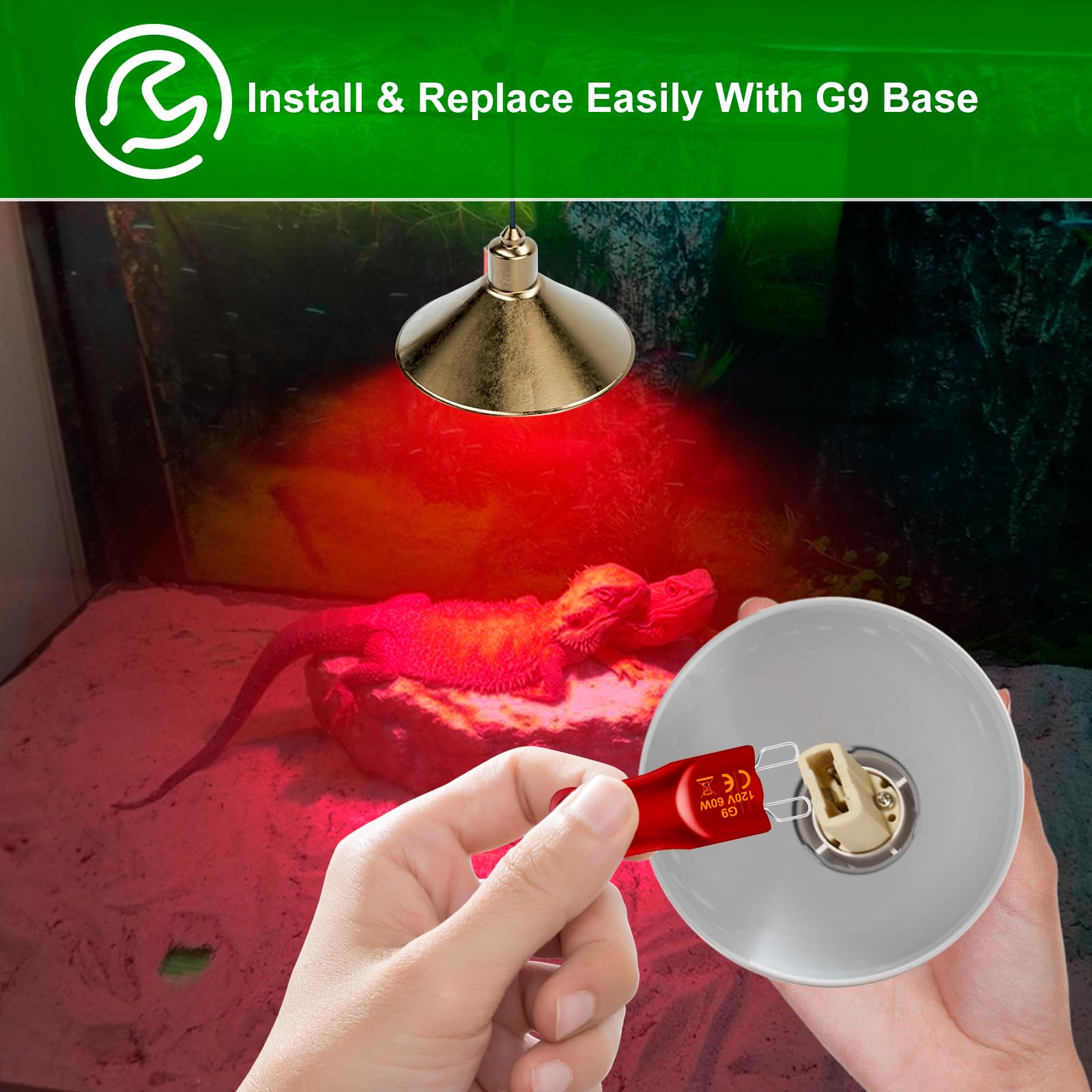 APlayfulBee G9 Reptile Heat Lamp Kit – Dimmable Night Red Bulb & Aluminum Dome For Lizards, Snakes, Turtles