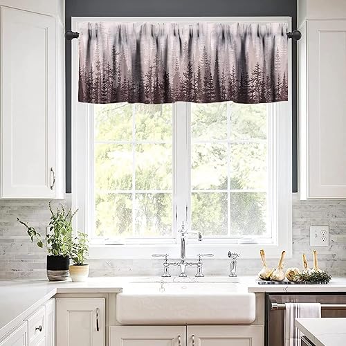 Miniatura 4 de Cortinas de cenefa de bosque con diseño de coníferas para cocina, dormitorio, decoración con bolsillo para barra, 54 x 18 pulgadas