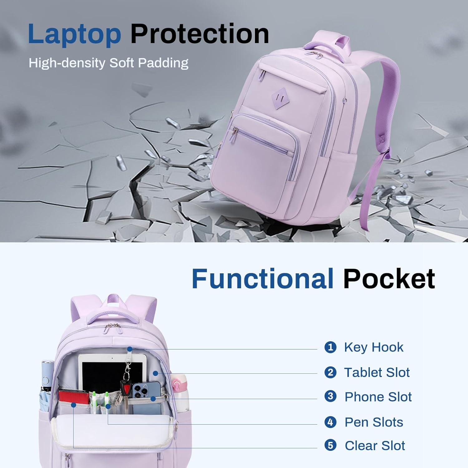 School Backpack for Girls, Lightweight Kids Bookbag Classic College Backpack for Teen Women with Luggage Strap, Age 8-18 Years Old, Purple - Image 8