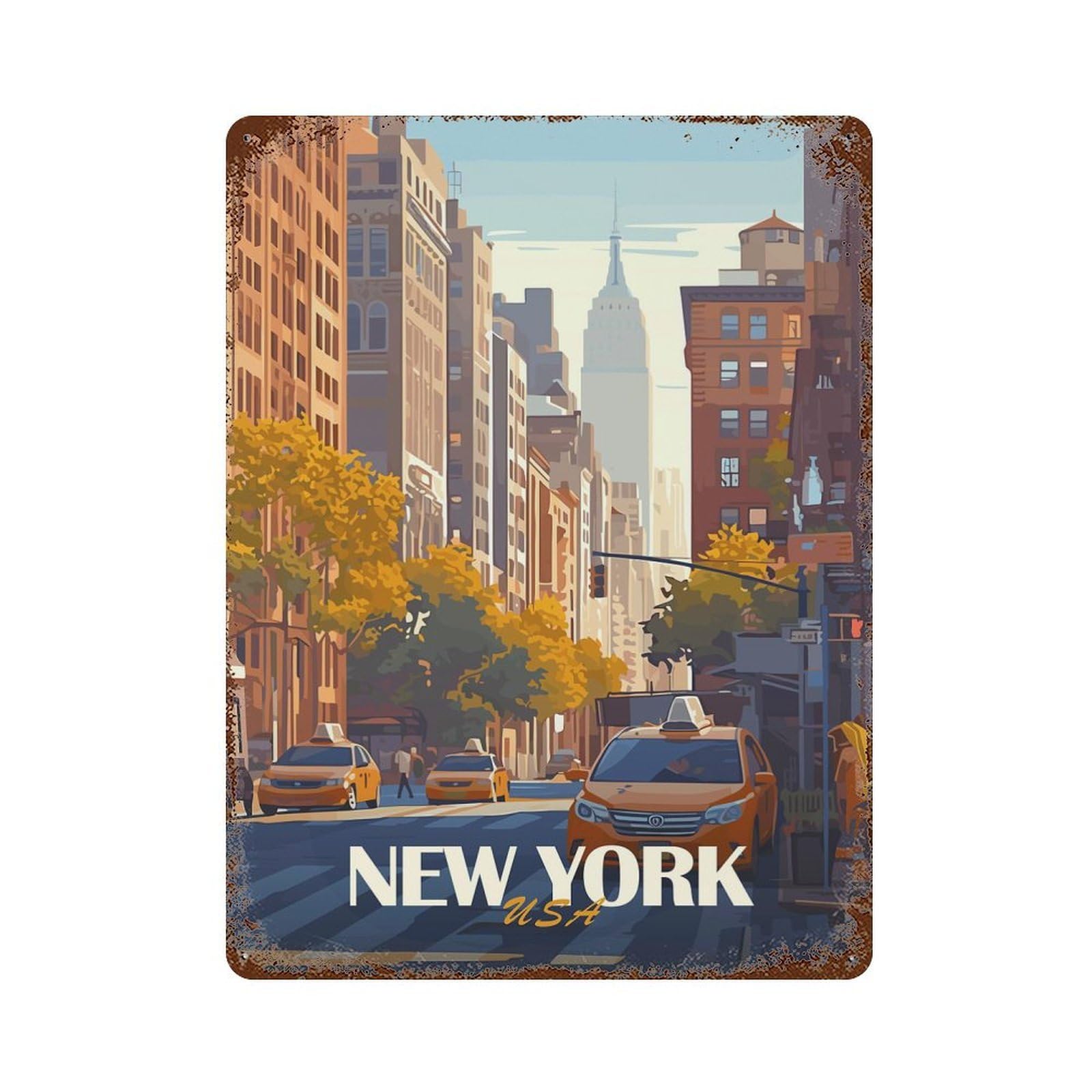 Rust Effect New York City Skyline Rusty Metal Tin Sign 15.7"x11.8", Old School Wall Decor for Basement, Hobby Room And Garage Decor