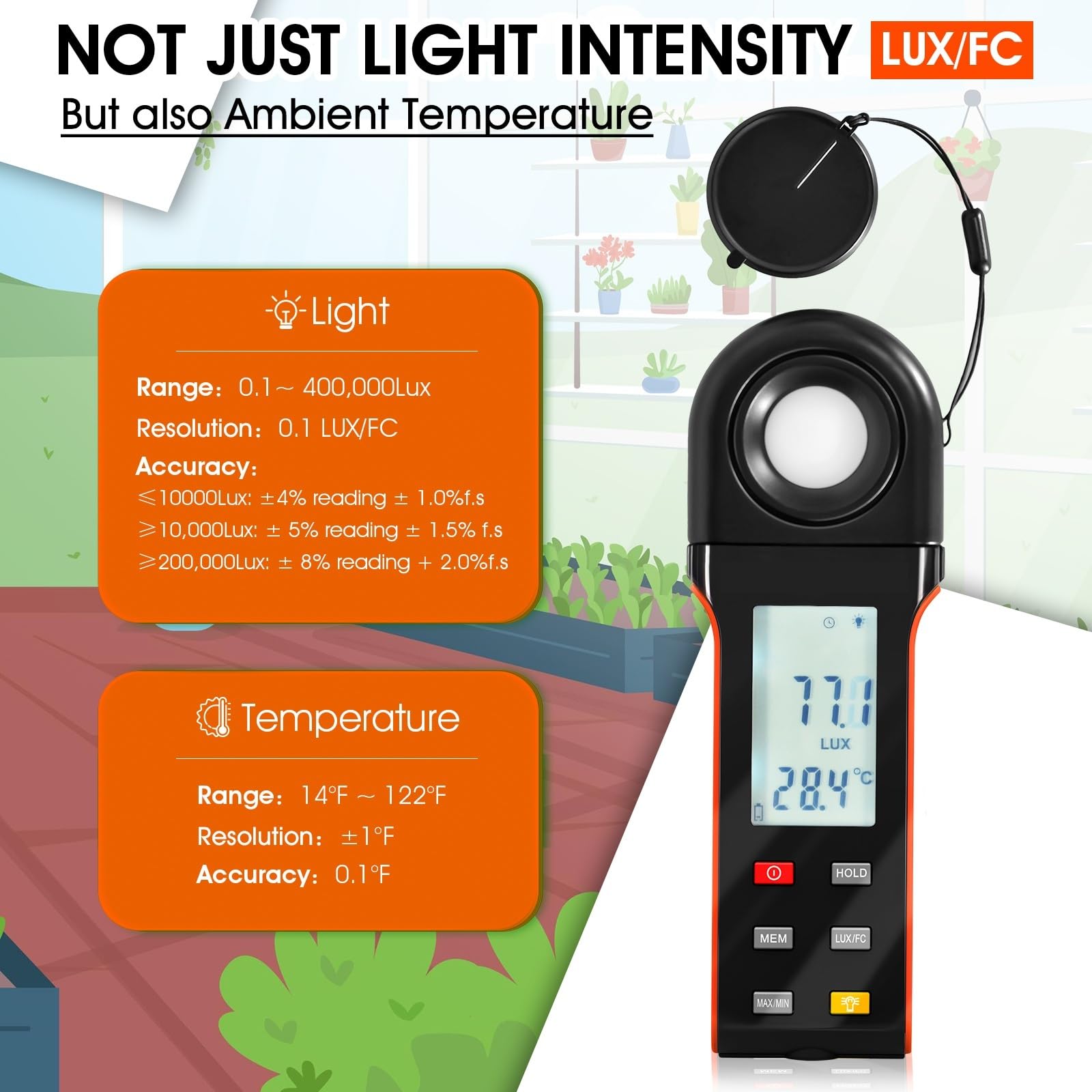 Digitaler Beleuchtungsstärke-Lichtmesser, 400.000 Lux/FC Beleuchtungsstärke-Tester mit 270° drehbarem Sensor, Datenprotokollierung, for Zimmerpflanzen Innenarchitektur