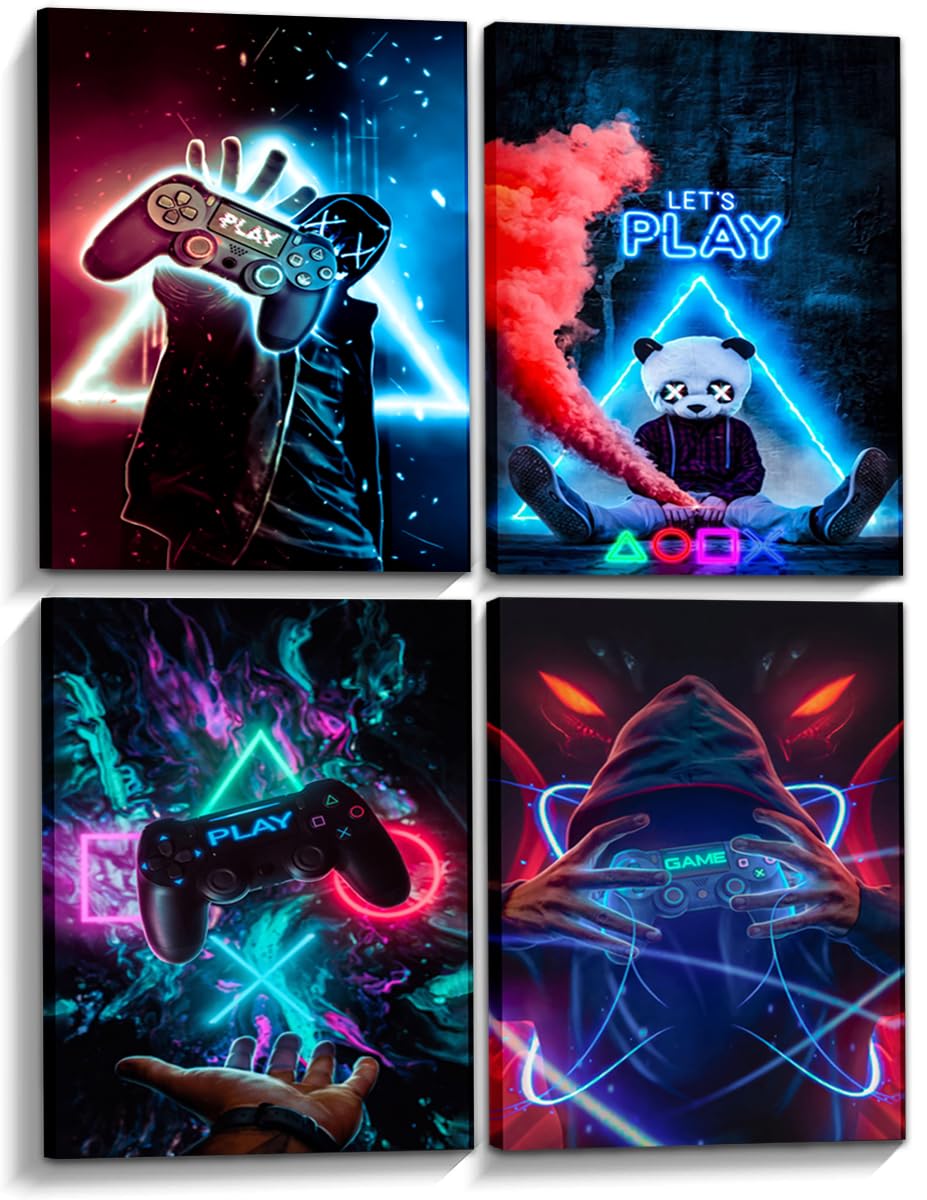Game Room Decor Wall Art Set of 4 - Cool Video Gamepad Wall Decor, Gaming Canvas Wall Art Posters Prints for Teen Boys' Room, Bedroom - Perfect Gamer Gifts - Framed 12x16 in