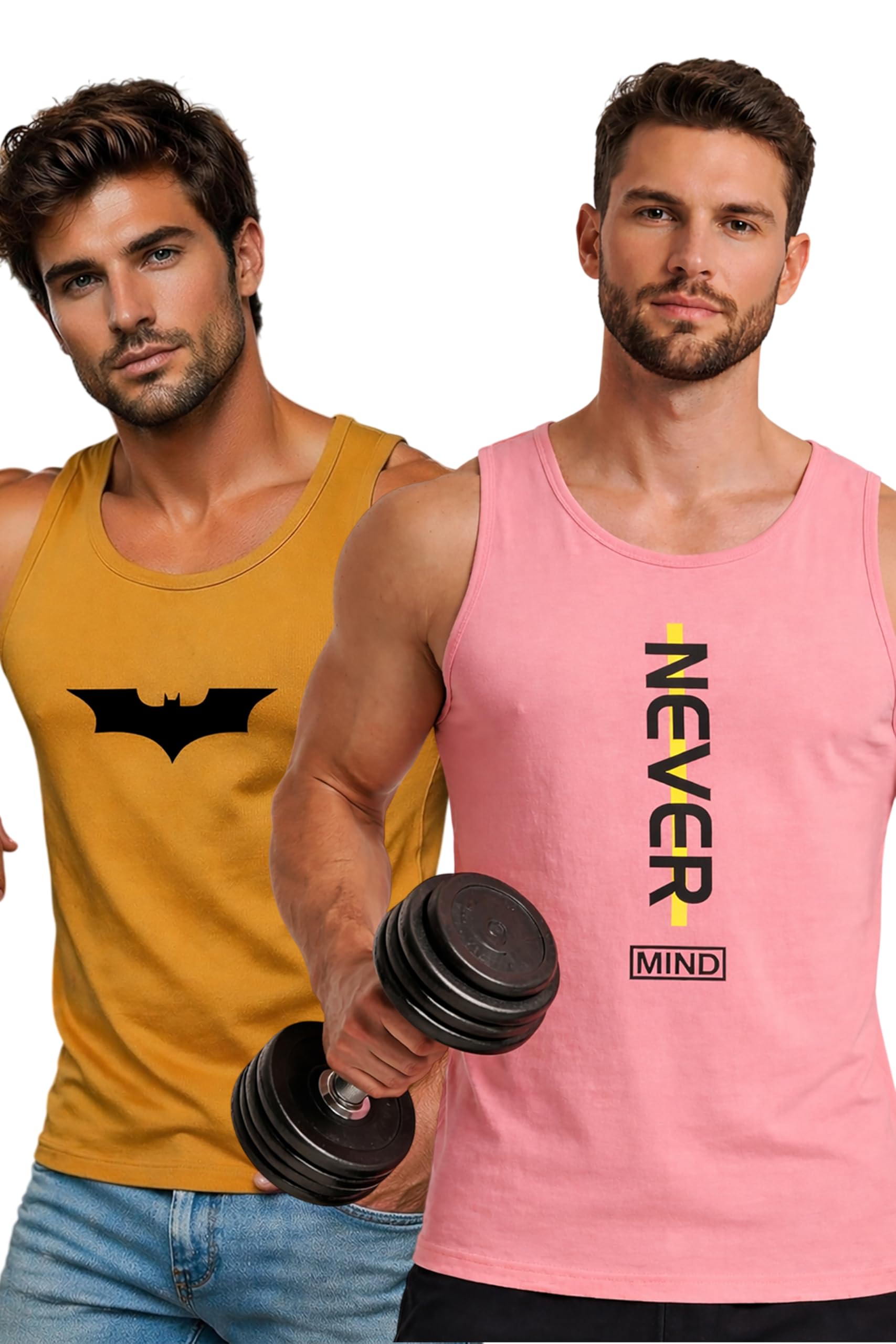 Polyester Letter Printed Vest for Men - Pack of 2 - Pink & Mustard | Round Neck | Sleeveless | Regular Fit | Summer & Gym Wear Tank Top for Men-image-22