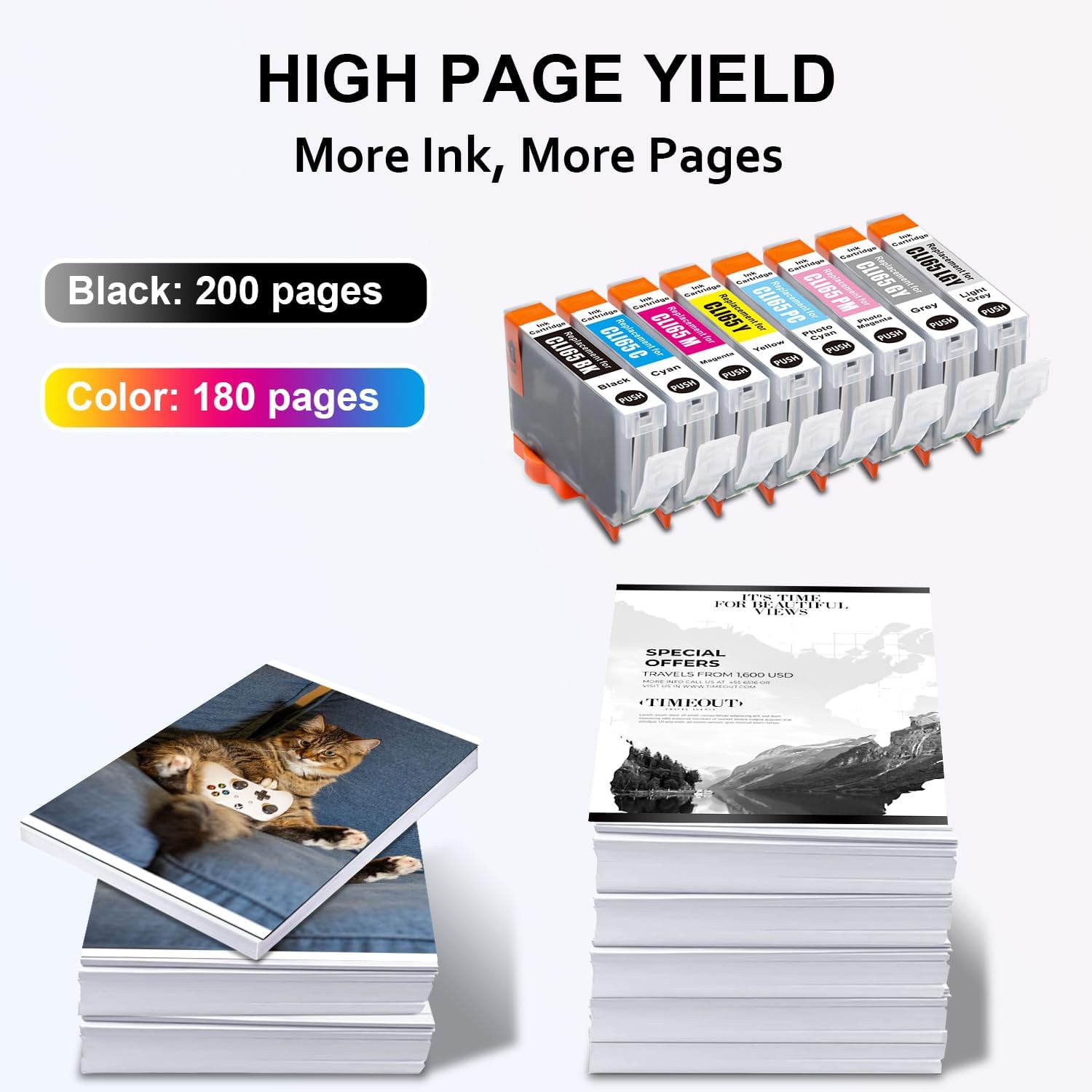 CLI-65 Cli65 Ink Cartridges - High Yield Compatible for Canon 65 Ink Cartridges Work for Canon PIXMA PRO 200 200S Printer (1BK/1C/1M/1Y/1PM/1PC/1GY/1LGY) 8 Pack with Chip
