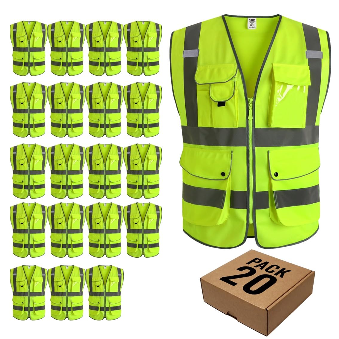 JKSafety 20 Pack Safety Vest for Men Women Reflective JK156 Yellow 2XL