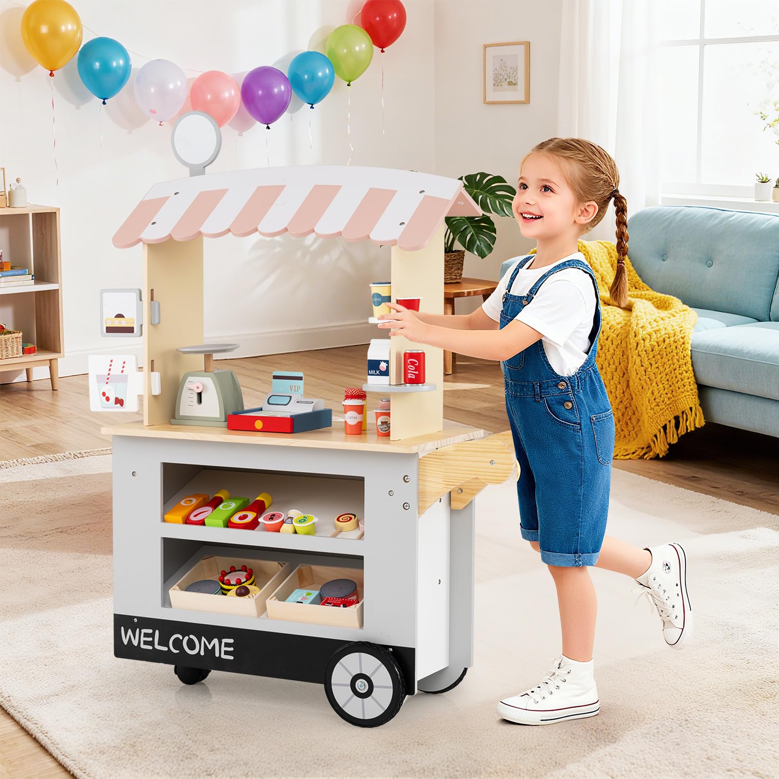 GOPLUS Carrito de Aperitivos para Niños con 30 Accesorios, Comerciante de Madera con Toldo, Carrito de Supermercado con Caja Registradora, Juego de Imitación Educativo para Niños de 3+ Años (Gris)