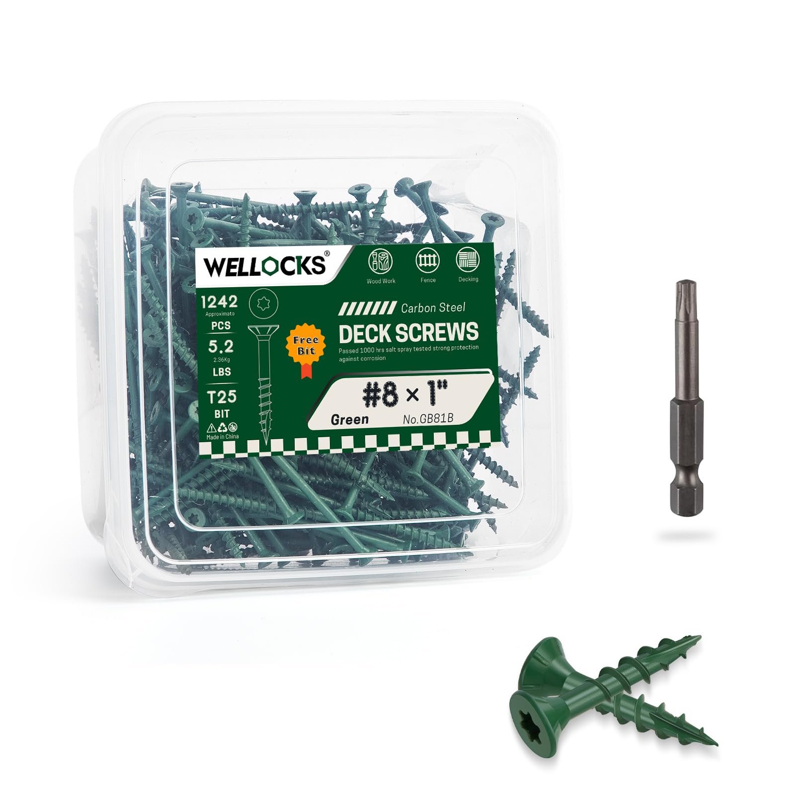 WELLOCKS Lot de 1 242 vis à bois de 2,5 cm, vertes #8 x 2,5 cm, résistantes à la rouille, revêtement époxy, plus de 1 000 heures avec embout étoile Torx T25 inclus pour clôture en bois extérieure