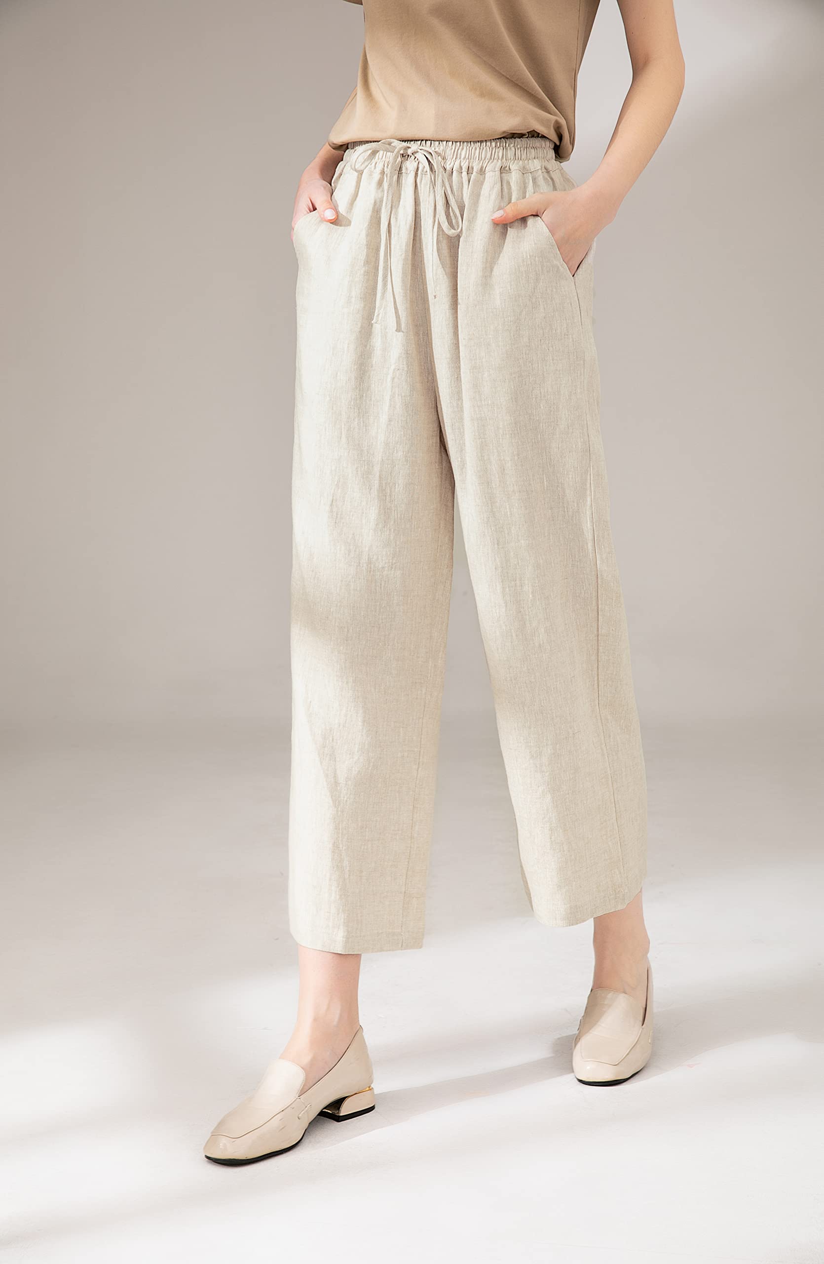 FTCayanz Donna Pantaloni Larghi Lino Vita Alta Pantaloni Gamba Larga Estivi con Coulisse