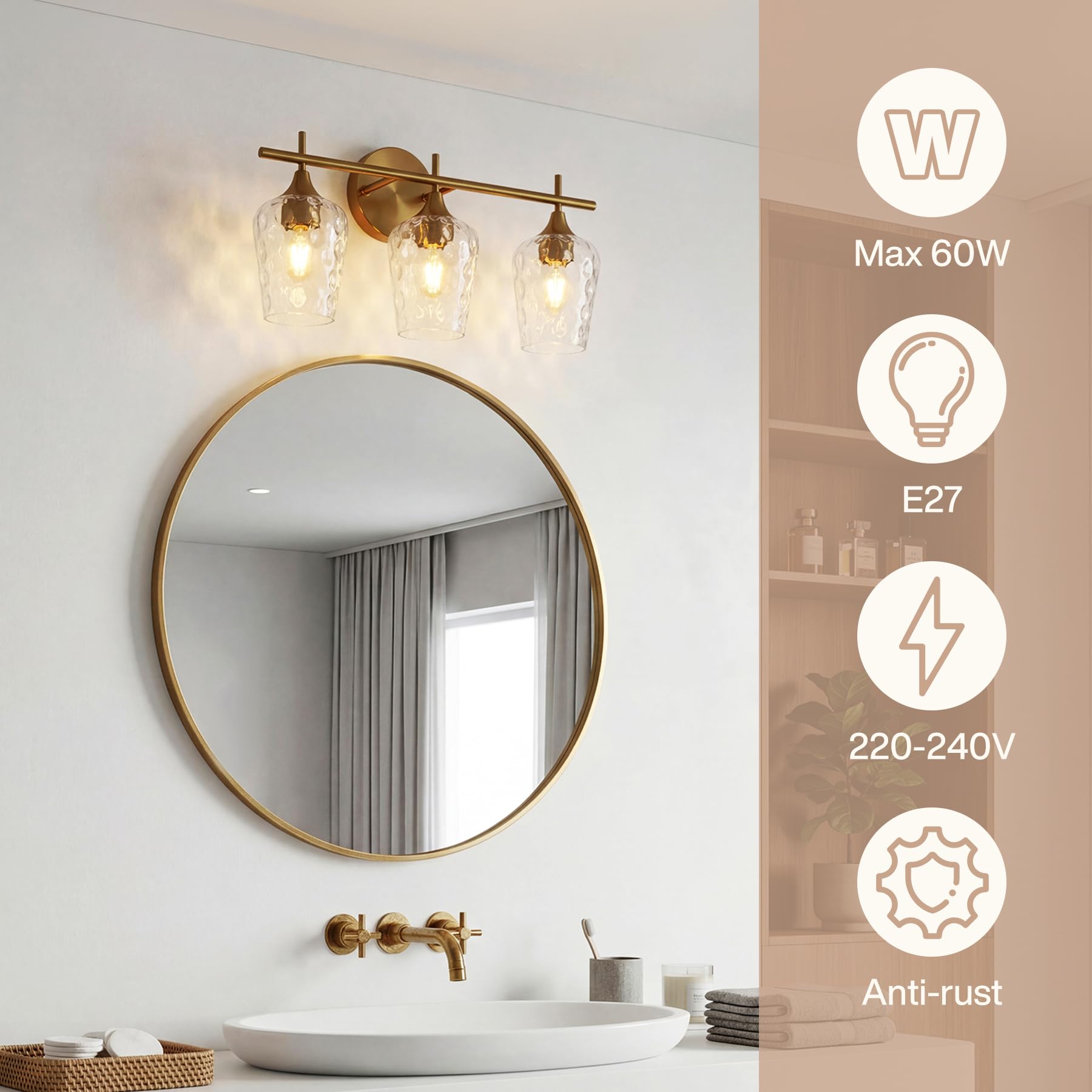 Tribesigns - Aplique de pared de baño (3 luces, modelo dorado, con pantallas de cristal corrugado, casquillos E27. Ideal para espejos de baño, cocina, pasillo y dormitorio. Am