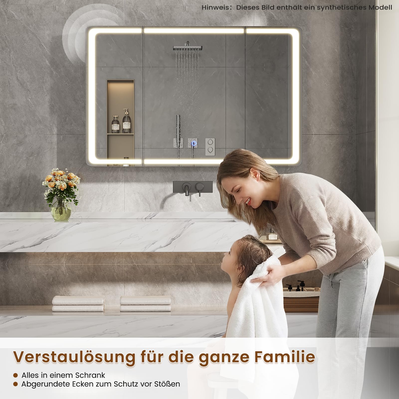 Spiegelschrank Bad 90 x 60 x 16 mit LED-Beleuchtung, Steckdose & 9 Fächer
