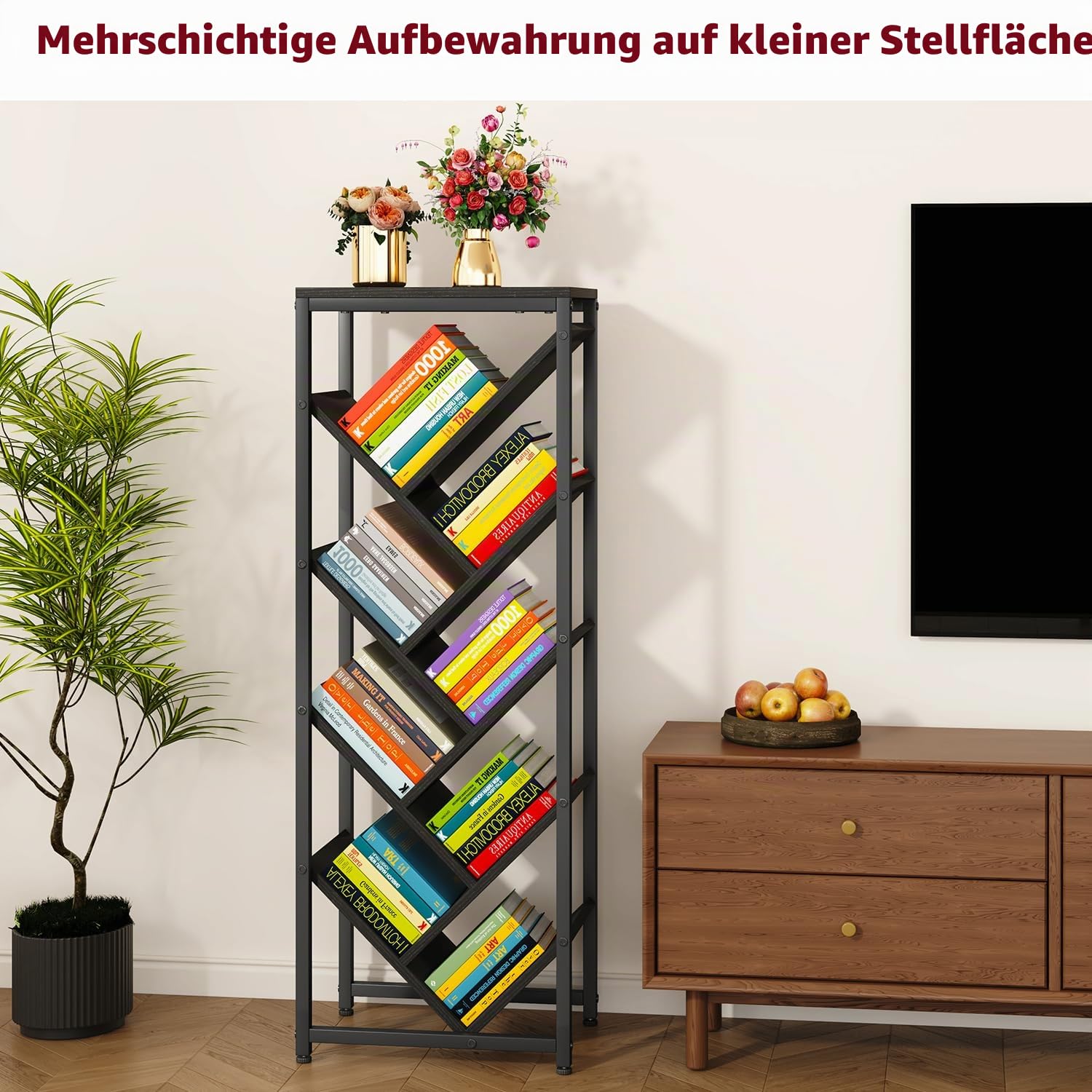 IBUYKE Bücherregal Baumform 9 Ebenen,Standregal Holz,Schwarz TBC002B