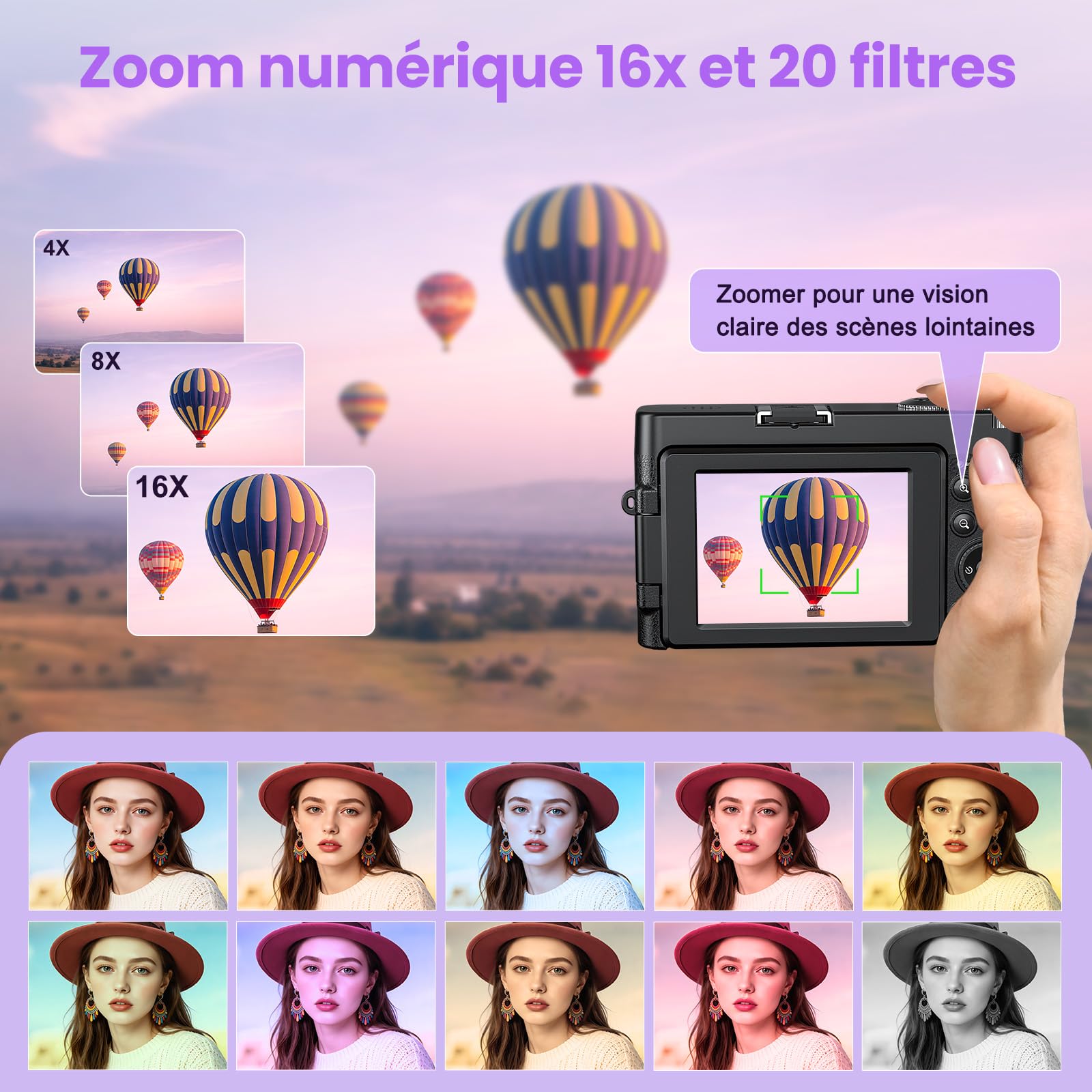Appareil Photo numérique 4K 64MP avec WiFi écran Rabattable 180 degrés Zoom numérique 16x Double Batterie Carte SD 32 Go Chargeur Inclus idéal pour vlogging Selfies et Voyages