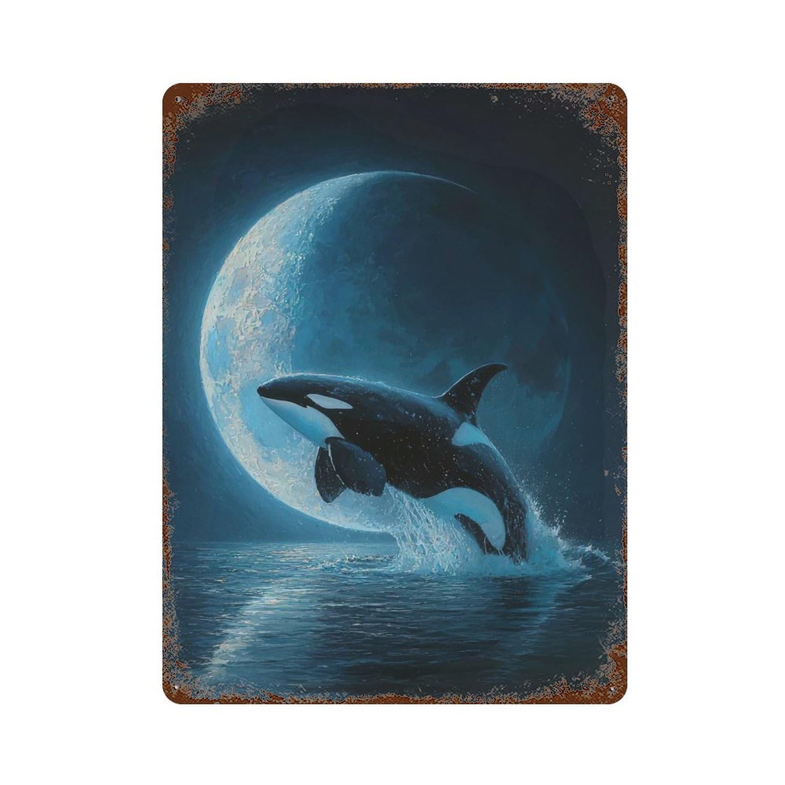 Garage Style Orca Leaping Under The Moon Vintage Rust Metal Sign 15.7"x11.8", Vintage Wall Decor for Bar And Workshop