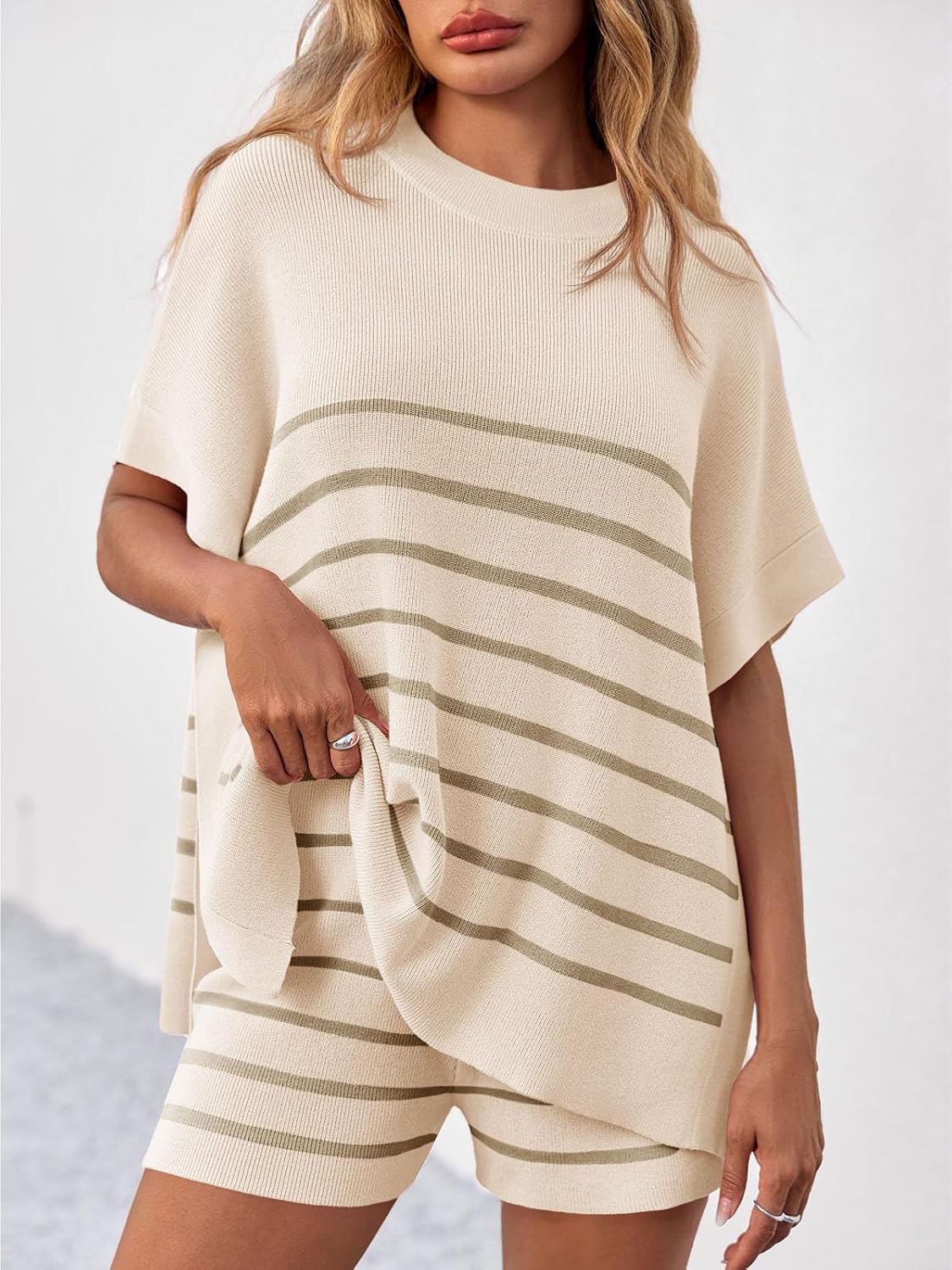 Fisoew Women's Striped 2 Piece Outfits Oversized Batwing Short Sleeve Tops High Waisted Shorts Summer Knit Lounge Short Sets - Image 2