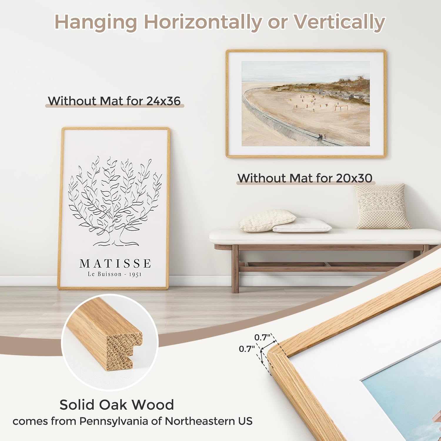 24x36 poster frame | solid oak wood 24 x 36 picture frame | 24x36 poster frame with mat for 20x30 | tempered glass and hanging hardware included | 36 by 24 photo frame wood (natural oak, 1 pc) oak 24''x36''-1p
