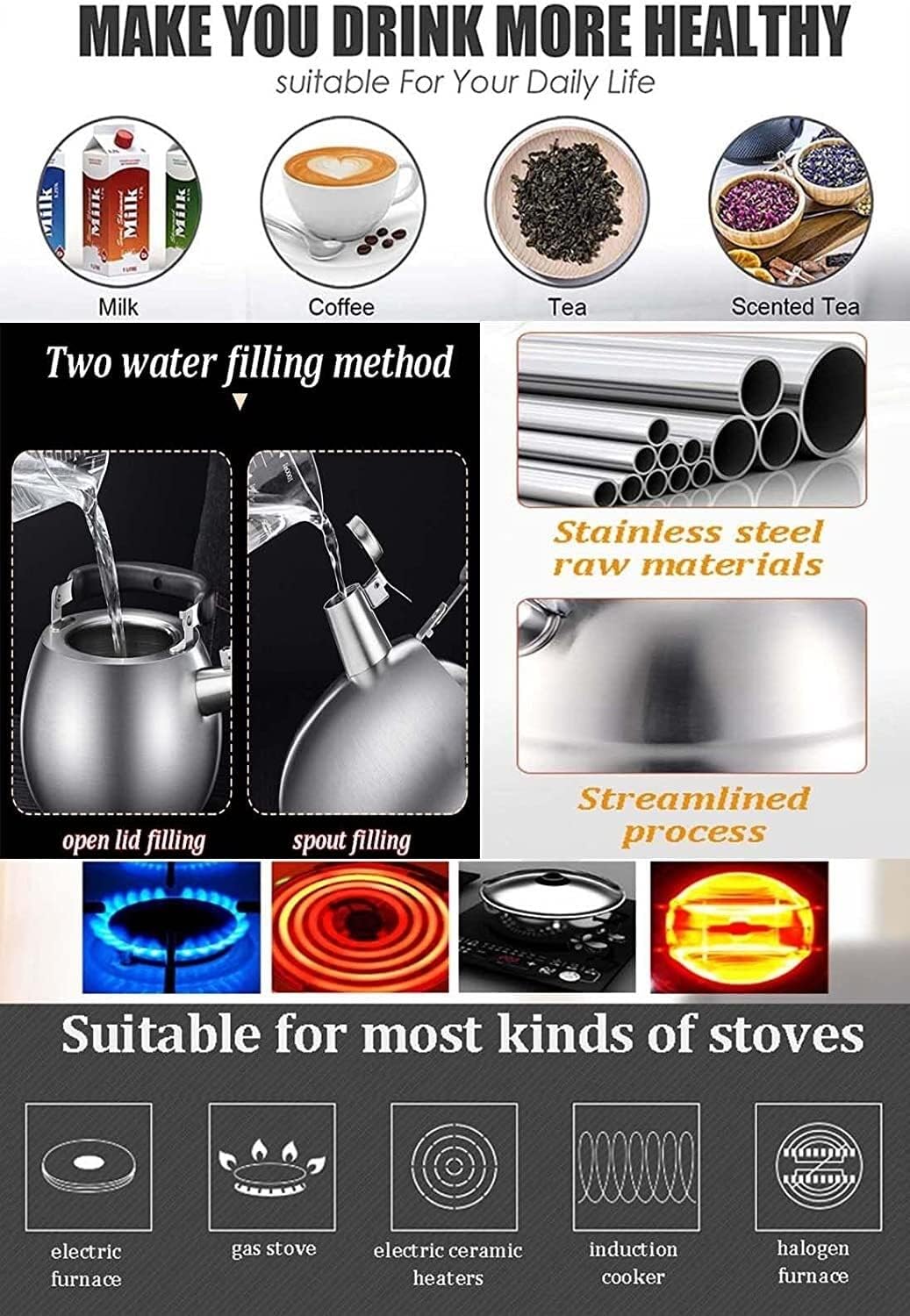 Stovetop Tea Kettle Whistling Teapot Tea Kettle 3L Stainless Steel Whistling Kettle Water Kettle with Wood Grain Nylon Handle Tea Kettle for Gas Hob Removeable Lid Stove
