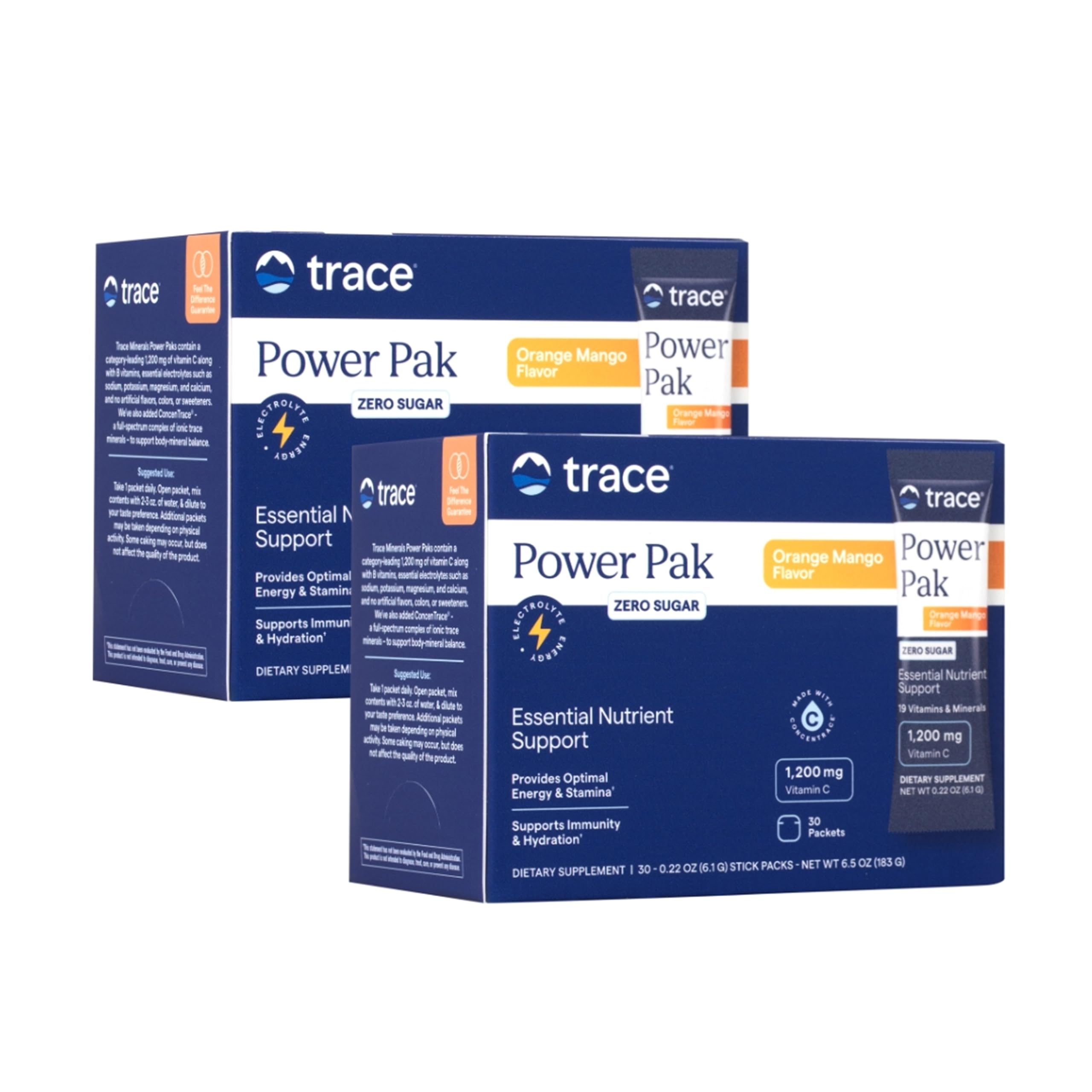 Trace Minerals Power Pak Multivitamin and Multimineral Packets - Electrolyte Support - 1200 mg Vitamin C Plus 70 Sugar Free - Orange Mango Flavor - 60 Packets