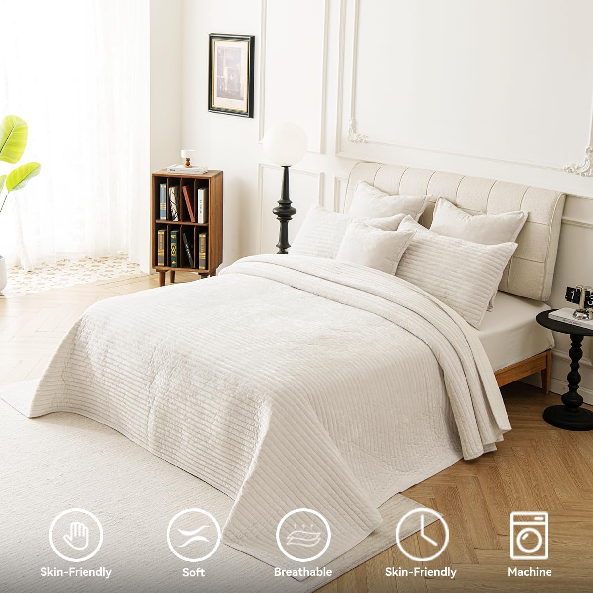 Velvet California King Size Bedding Set 106x118 Pack of 3 Soft Striped Quilt Set Includes 2 Pillowcases 20×36 Lightweight Comfort for All-Season Use,Cream White