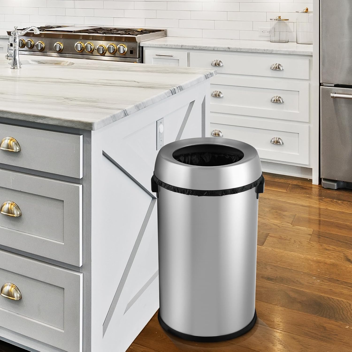 65L/17 Gallon Heavy Duty Commercial/Kitchen Trash Can, Open Top Waste Bin for Office Bedroom Restaurant, Brushed Stainless Steel Finish