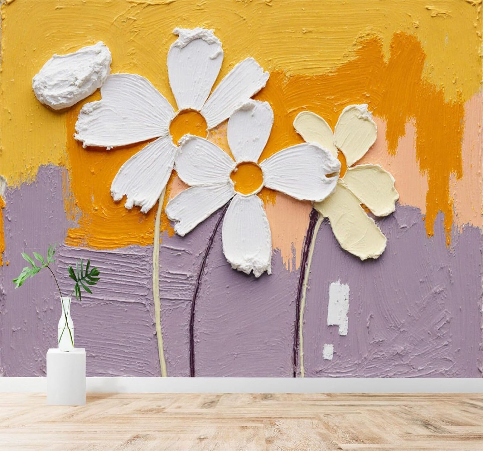 XLMING Creative Hand Drawn White Flowers Abstract Yellow and Purple 3D Wallpaper Silky Texture Home Study Office Grey Dining Room Sofa Bedroom Living Room TV Backdrop-150cm×105cm