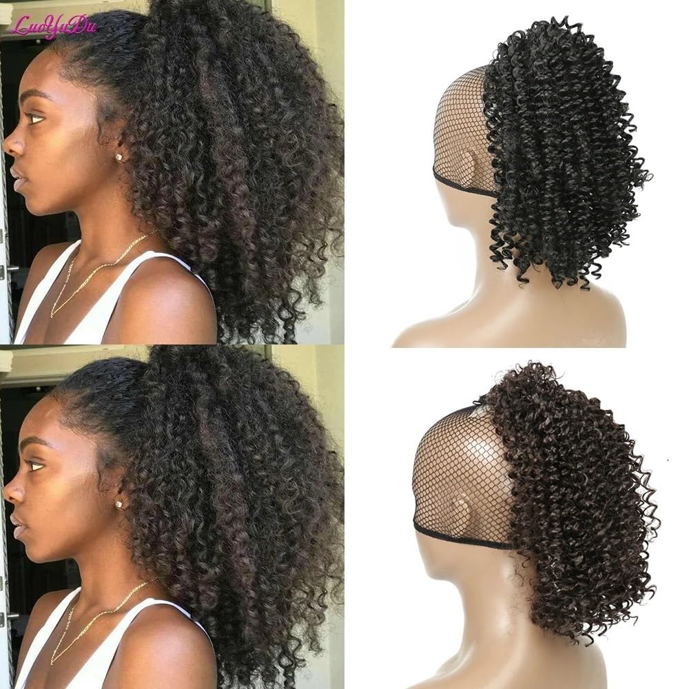 8 Zoll kurze, afro-lockige Pferdeschwanzverlängerung mit Kordelzug for schwarze Frauen, synthetischer Dutt mit Clips Für den täglichen Gebrauch(Black)