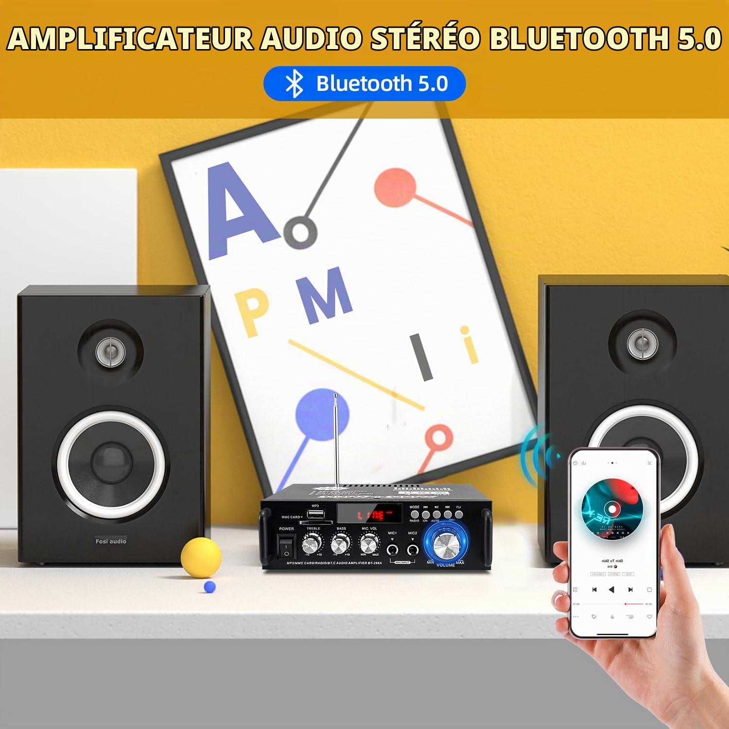 Amplificateur de puissance Bluetooth 5.0, 300 W + 300 W | Stereo Hi-Fi Digital Amp 2.0 Channel avec entrée USB/Bluetooth/FM, Mini Récepteur audio 12V / 220V pour Voiture et Maison